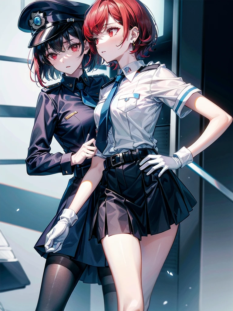 policewoman uniform, light blue short sleeved shirt, navy necktie, high waisted miniskirt, belt, white gloves, police hat, handcuffs, absurdres, RAW photo, extremely delicate and beautiful, masterpiece, Best Quality, ultra high resolution, 32k, hyperrealistic, ultra-detailed, detailed description, pale skin, 20 years old, tearful mole, earring, short medium hair, wavy hair, whole body shot, legs, Redhead, Red eyes, 