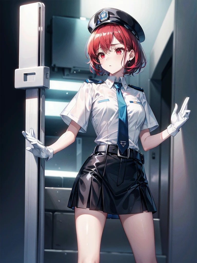 policewoman uniform, light blue short sleeved shirt, navy necktie, high waisted miniskirt, belt, white gloves, police hat, handcuffs, absurdres, RAW photo, extremely delicate and beautiful, masterpiece, Best Quality, ultra high resolution, 32k, hyperrealistic, ultra-detailed, detailed description, pale skin, 20 years old, tearful mole, earring, short medium hair, wavy hair, whole body shot, legs, Redhead, Red eyes,