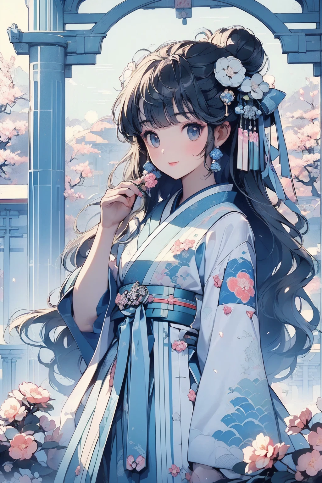 (((masterpiece: 1,5, best quality, high resolution, super resolution, ultra detailed: 1,2, rich background: 1,4))), (close up), (1girl), solo, green eyes, blonde long hair tied with blue ribbon, hair ornament, blunt bangs, smiling, highschool girl, medium breast, ((hand on the air)), japanese clothes, (blue short pattern kimono), sandals, ribbon, obi, ((outdoor)), cherry blossom, (torii gate), stone staircase, sky (afternoon), cherry blossoms fall, ((dramatic light: 1,3)), cloudy, (fuji scenery behind)