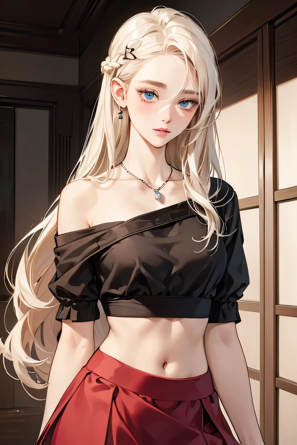 (extreamly delicate and beautiful:1.2), 8K,(masterpiece:1.0),(best_quality:1.0), 1 girl,model and intricate detailing, Enlarged textures, and intricate detailing, finely eye and detailed face, and intricate detailing, shiraga, platinum blonde curls long hair, (closed mouths), Perfect eyes, Equal eyes, carolina eyes (A famale god) with black polo croptee croptop short sleeved shirt and red short skirt, carolina eyes perfect, perfect, earing, hairpin, perfect body, sexy body, carolina blue perfect eyes, lips nude, necklace, little blush on nude, braid hair, look at camera