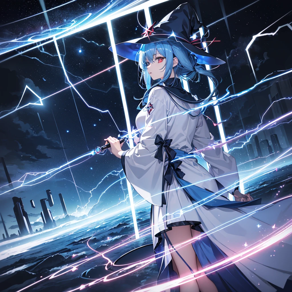 ((Blue Hair magic circle Witch Hat Red eyes)) ((thunder Blitz thunderの杖 starのペンダント electricity lightning)) (Magic Robe shine star Streaks of Light Black Hole) moon 彗star incantation Runes cool