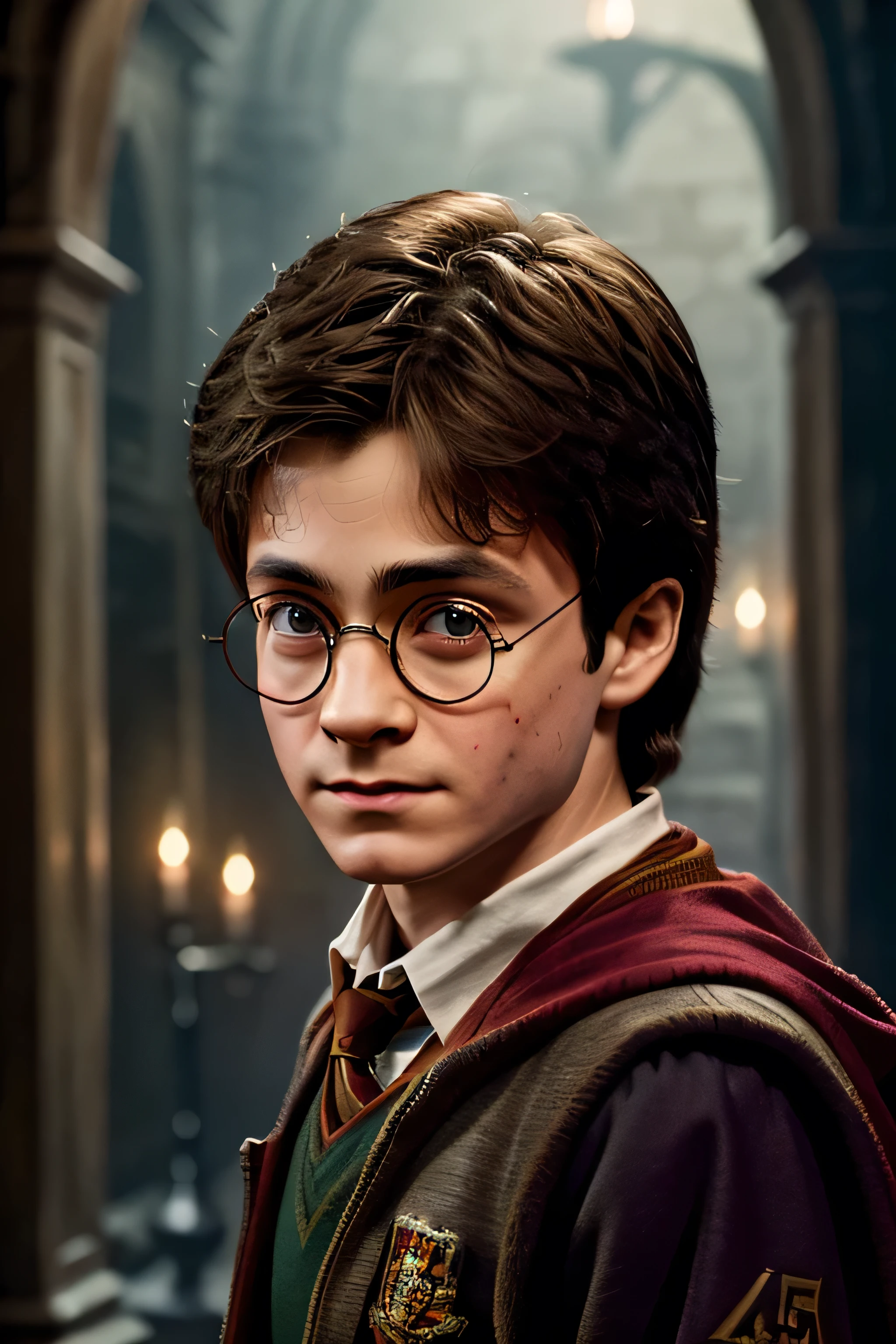 From Harry Potter movie, Harry Potter, detailed representation of the face, detailed background, coloful background, half body shot, best image, best quality, high resolution, random pose , whole body shot