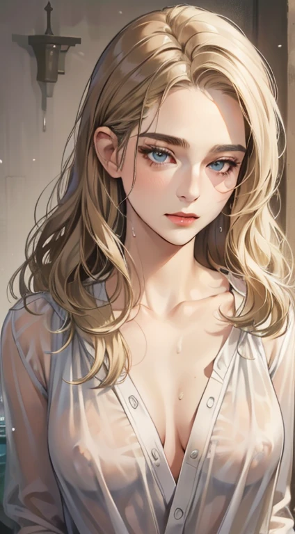 masterpiece, best quality, realistic, 1man, mature female, quiet and charming young , wet blouse no bra, hard nipples, closed mouth, portrait, extremely detailed face, ((dark grey eyes)), ((medium length wavy blonde hair)), [thin eyebrows],