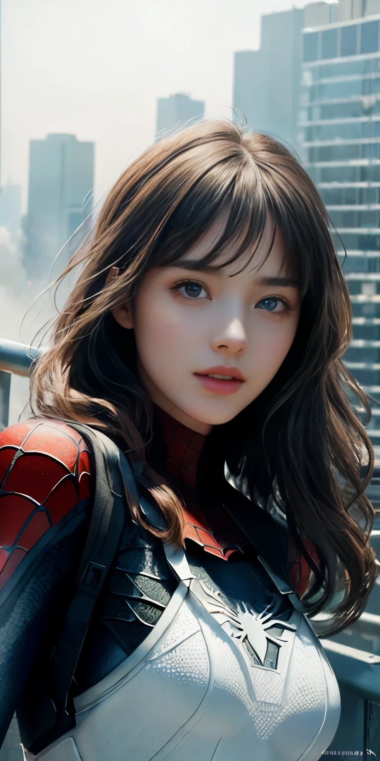 (1girl:1.3), Solo, (((Very detailed face)))), ((Very detailed eyes and face)))), Beautiful detail eyes, Body parts__, Official art, Unified 8k wallpaper, Super detailed, beautiful and beautiful, beautiful, masterpiece, best quality, original, masterpiece, super fine photo, best quality, super high resolution, realistic realism, sunlight, full body portrait, amazing beauty, dynamic pose, delicate face, vibrant eyes, (from the front), She wears Spider-Man suit, red and black color scheme, spider, very detailed city roof background, rooftop, overlooking the city, detailed face, detailed complex busy background, messy, gorgeous, milky white, highly detailed skin, realistic skin details, visible pores, clear focus, volumetric fog, 8k uhd, DSLR, high quality, film grain, fair skin, photo realism, lomography, futuristic dystopian megalopolis, translucent