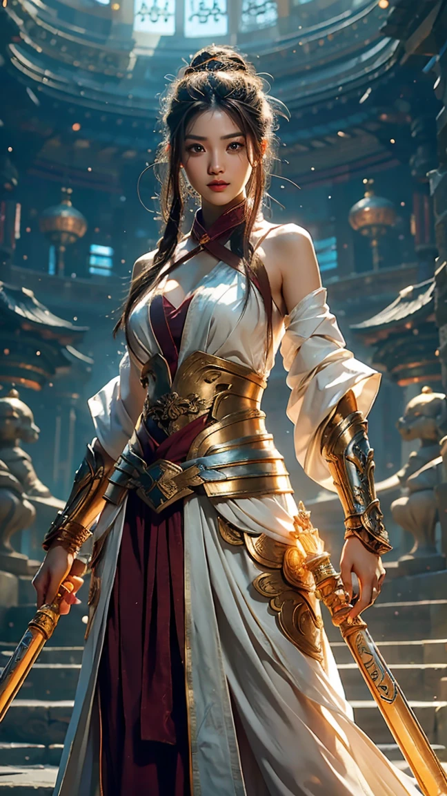 Best quality masterpiece, ultra high-res photorealistic depiction of Liuyfei, the enchanting solo warrior. She stands tall, her detailed face radiating an unwavering determination, with a hint of mischief in her eyes. A captivating woman of East Asian descent, she grasps a mystical weapon, the sheath adorned with intricate designs that seem to glimmer under the soft, cinematic lights. Her armor, a fusion of modern and ancient design, casts an aura of power and elegance.

The upper part of her body is exposed, showing a hint of cleavage within the delicate, glowing magic circle that frames her. She