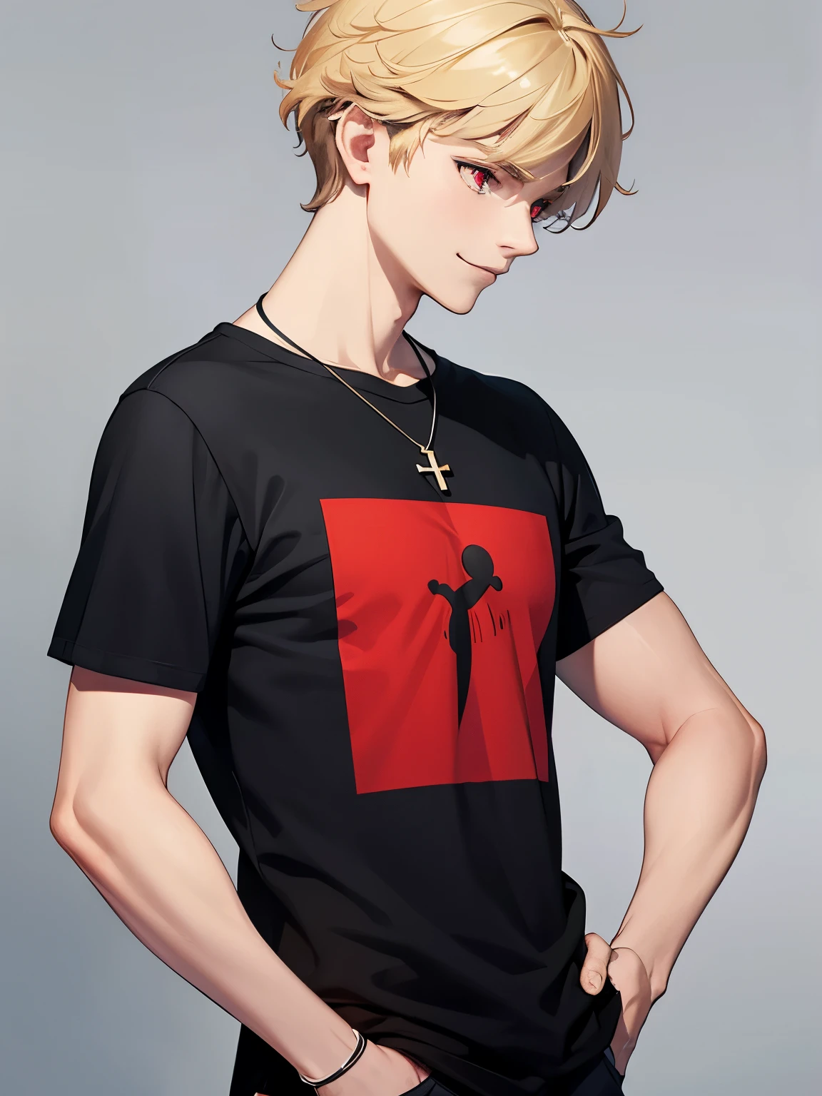 1boy,handsome,18 years old,plain t-shirt,Facing right, camera angle from the side, photo from the side, looking away ,smile,Perfect face, HD face, ultra detailed face, short hair, blonde hair, messy hair, bright red eyes red eyes,vampire, black t-shirt,black t-shirt,plain t-shirt,short sleeve t-shirt, black trousers, cross necklace,ultra detailed, ultra HD