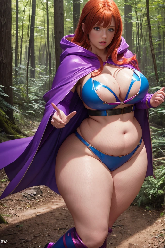UHD 8K scene, hyper-real photo quality, beautiful young woman, red hair, bright blue eyes, short Glossy enamel pink dress with thief outfit, purple hooded cape, character Sheila from Dungeons and Dragons, in the middle of a forest,, ((thick thighs:1.3)