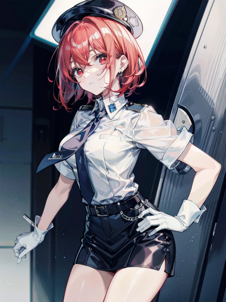policewoman uniform, light blue short sleeved shirt, navy necktie, high waisted miniskirt, belt, white gloves, police hat, handcuffs, absurdres, RAW photo, extremely delicate and beautiful, masterpiece, Best Quality, ultra high resolution, 32k, hyperrealistic, ultra-detailed, detailed description, pale skin, 20 years old, tearful mole, earring, short medium hair, wavy hair, whole body shot, legs, Redhead, Red eyes,