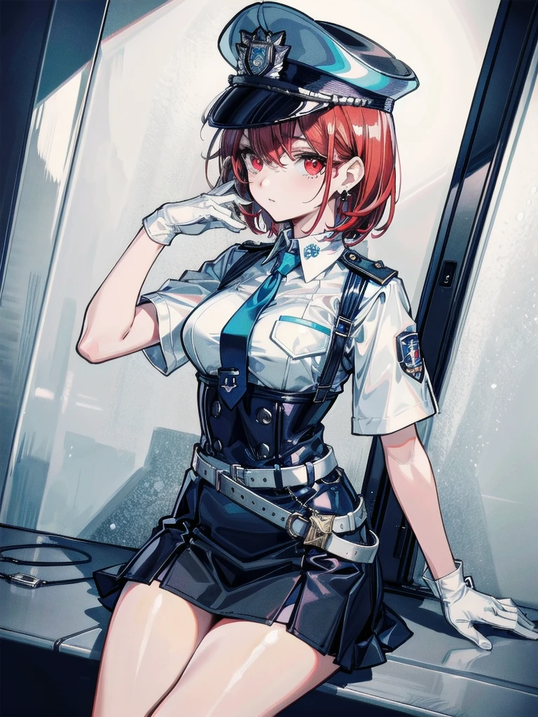 policewoman uniform, light blue short sleeved shirt, navy necktie, high waisted miniskirt, belt, white gloves, police hat, handcuffs, absurdres, RAW photo, extremely delicate and beautiful, masterpiece, Best Quality, ultra high resolution, 32k, hyperrealistic, ultra-detailed, detailed description, pale skin, 20 years old, tearful mole, earring, short medium hair, wavy hair, whole body shot, legs, Redhead, Red eyes, 