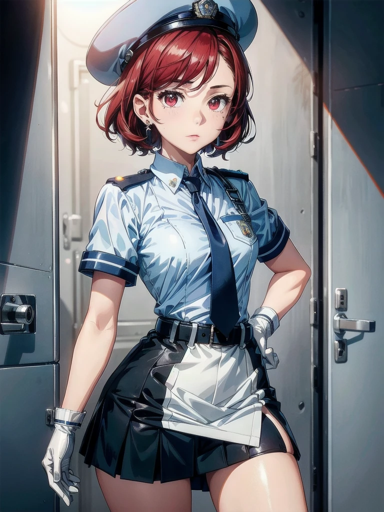 policewoman uniform, light blue short sleeved shirt, navy necktie, high waisted miniskirt, belt, white gloves, police hat, handcuffs, absurdres, RAW photo, extremely delicate and beautiful, masterpiece, Best Quality, ultra high resolution, 32k, hyperrealistic, ultra-detailed, detailed description, pale skin, 20 years old, tearful mole, earring, short medium hair, wavy hair, whole body shot, legs, Redhead, Red eyes,