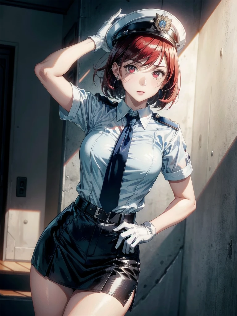 policewoman uniform, light blue short sleeved shirt, navy necktie, high waisted miniskirt, belt, white gloves, police hat, handcuffs, absurdres, RAW photo, extremely delicate and beautiful, masterpiece, Best Quality, ultra high resolution, 32k, hyperrealistic, ultra-detailed, detailed description, pale skin, 20 years old, tearful mole, earring, short medium hair, wavy hair, whole body shot, legs, Redhead, Red eyes,