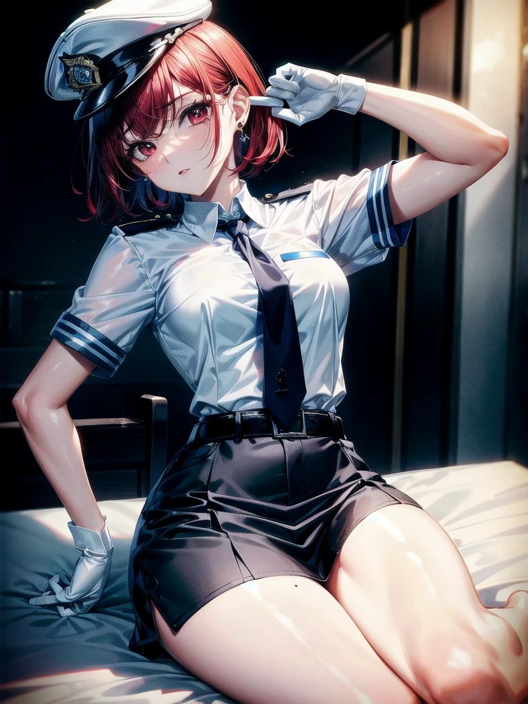 policewoman uniform, light blue short sleeved shirt, navy necktie, high waisted miniskirt, belt, white gloves, police hat, handcuffs, absurdres, RAW photo, extremely delicate and beautiful, masterpiece, Best Quality, ultra high resolution, 32k, hyperrealistic, ultra-detailed, detailed description, pale skin, 20 years old, tearful mole, earring, short medium hair, wavy hair, whole body shot, legs, Redhead, Red eyes,