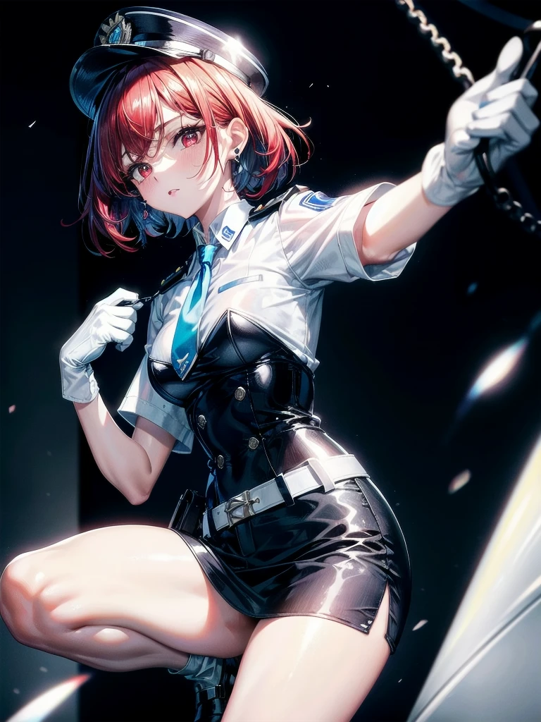 policewoman uniform, light blue short sleeved shirt, navy necktie, high waisted miniskirt, belt, white gloves, police hat, handcuffs, absurdres, RAW photo, extremely delicate and beautiful, masterpiece, Best Quality, ultra high resolution, 32k, hyperrealistic, ultra-detailed, detailed description, pale skin, 20 years old, tearful mole, earring, short medium hair, wavy hair, whole body shot, legs, Redhead, Red eyes, 