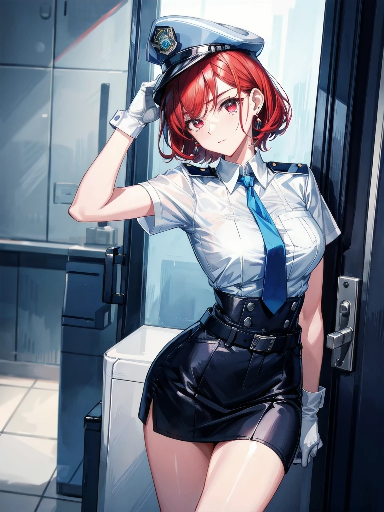 policewoman uniform, light blue short sleeved shirt, navy necktie, high waisted miniskirt, belt, white gloves, police hat, handcuffs, absurdres, RAW photo, extremely delicate and beautiful, masterpiece, Best Quality, ultra high resolution, 32k, hyperrealistic, ultra-detailed, detailed description, pale skin, 20 years old, tearful mole, earring, short medium hair, wavy hair, whole body shot, legs, Redhead, Red eyes, 