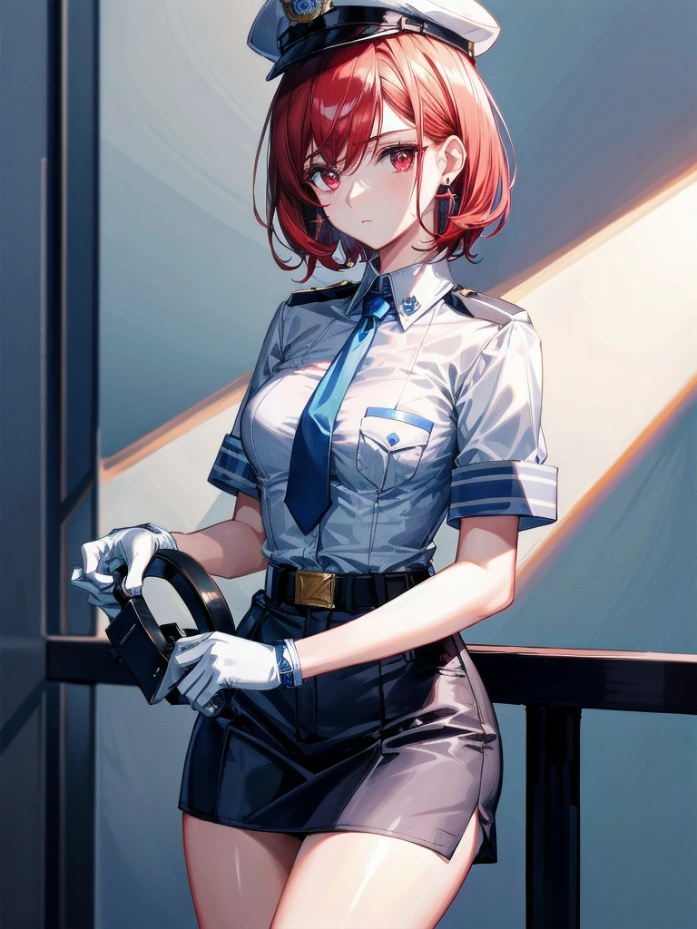 policewoman uniform, light blue short sleeved shirt, navy necktie, high waisted miniskirt, belt, white gloves, police hat, handcuffs, absurdres, RAW photo, extremely delicate and beautiful, masterpiece, Best Quality, ultra high resolution, 32k, hyperrealistic, ultra-detailed, detailed description, pale skin, 20 years old, tearful mole, earring, short medium hair, wavy hair, whole body shot, legs, Redhead, Red eyes, 