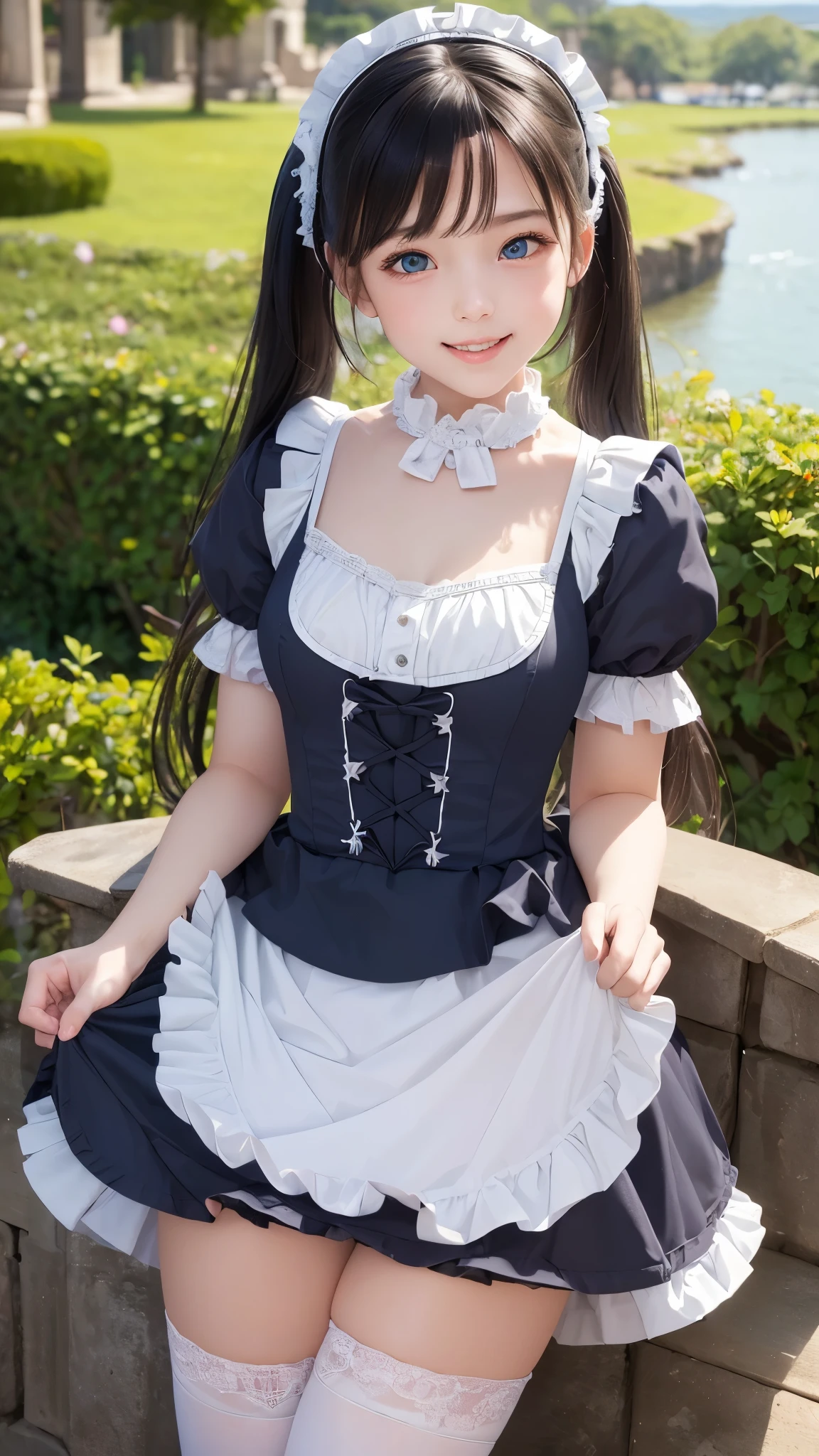 ((masterpiece)), ((highest quality、Ultra high definition)), (Very detailed),8K、Photo quality、((Amazingly cute girl)), -yeld gi Two people, , (Beautiful emerald blue eyes), ((smile)),In the open-air bath overlooking the sea, Beautifully arranged black hair in twin tails、whole body、((Super high-end white see-through summer gothic lolita maid costume、A super mini skirt with lots of frills))、Professional Lighting、(White lace knee-highs)、(More detailed and beautiful)、(More details and cutenesore realistic)、