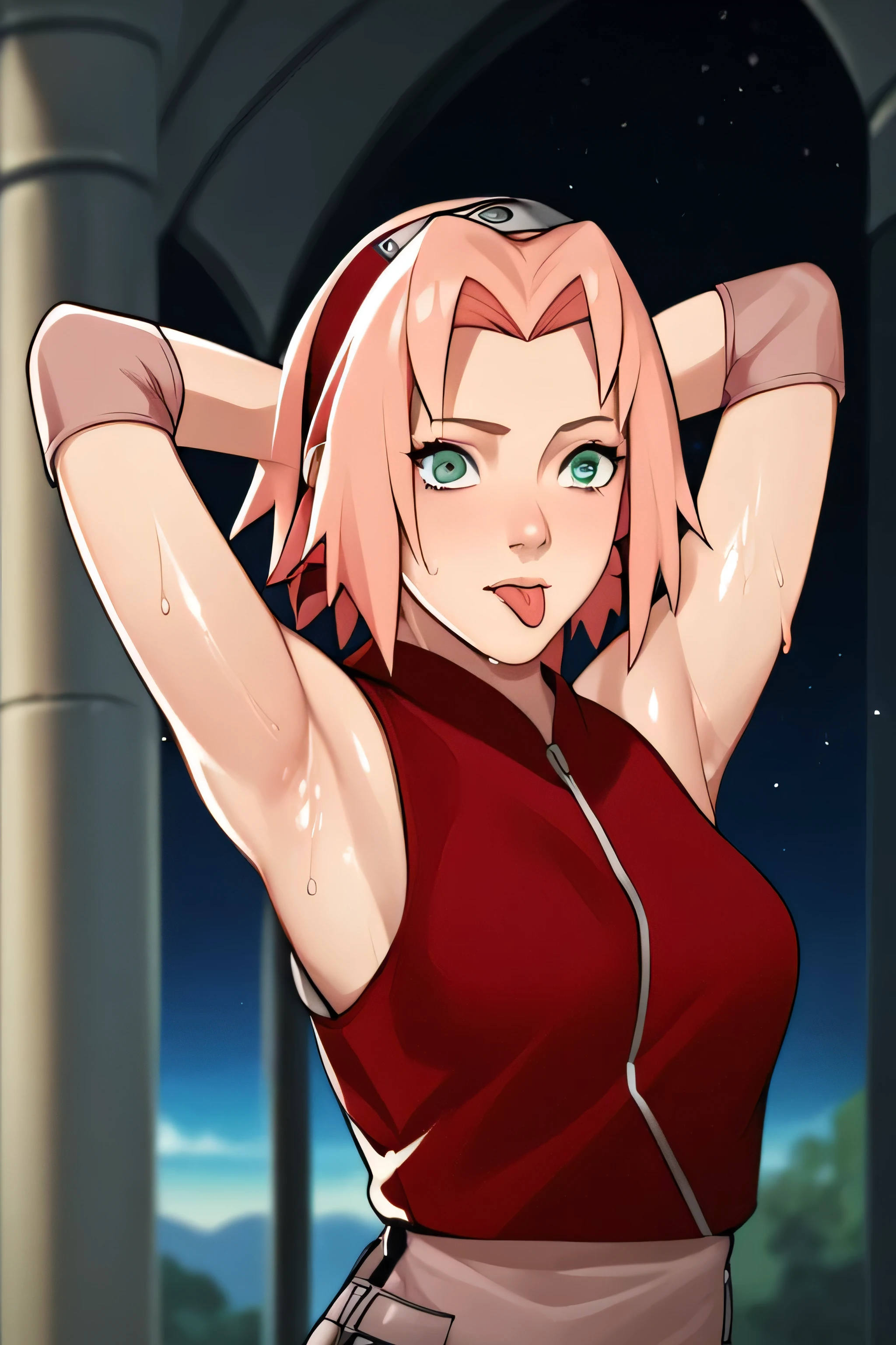 score_9,score_8_up,score_7_up,score_6_up,score_5_up,score_4_up BREAK skinny,choker,medium breasts,detached sleeves,outdoors,forest,shiny skin,bokeh,bloom,indoors,light particles,castle,space,1girl,haruno sakura,pink hair,short,hair,green eyes,forehead protector,,sleeveless,arms behind head,armpit,armpits,sweaty,sweat,arms behind head,exhausted,sleeveless,cross eyed,sweaty armpits,eyes crossed,cross eyed,eyeroll,tongue out,protruded tongue,showing tongue,tongue