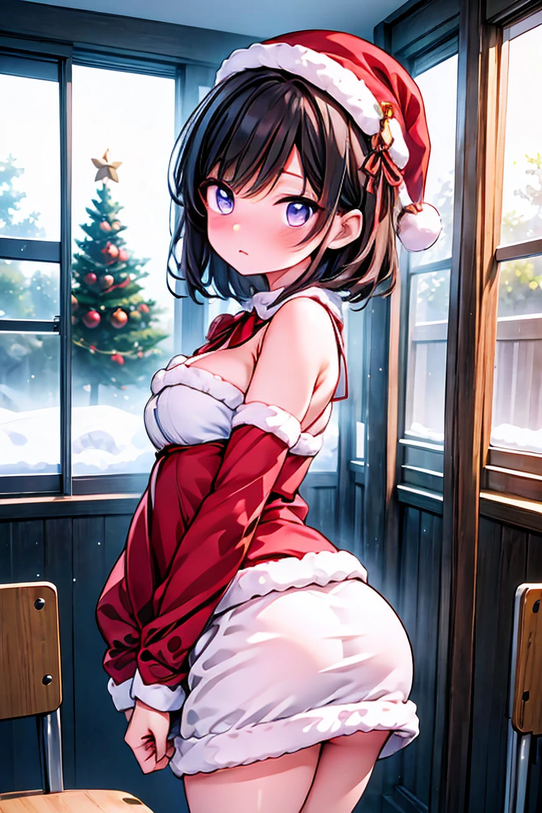 ((highest quality)), ((masterpiece)), (detailed), Perfect Face, masterpiece:1.2, highest quality), (Realistic, photoRealistic:1.4), Beautiful illustrations, (Natural Side Lighting, Cinema Lighting), Browsing Caution,Anime illustration, 非常にdetailedな, Absurd, Ultra-high resolution, 非常にdetailedな, highest quality, 1 short-haired, brown-eyed woman, alone, Nice hands, Perfect hands,Slightly chubby,Small breasts,The butt is small,She is wearing a fluffy white Christmas outfit with a red exterior.。. On top of the chest there is a breast holder.、It's free. She is wearing a Santa hat、Small breasts, The author is pictured with a decorated Christmas tree in the background.