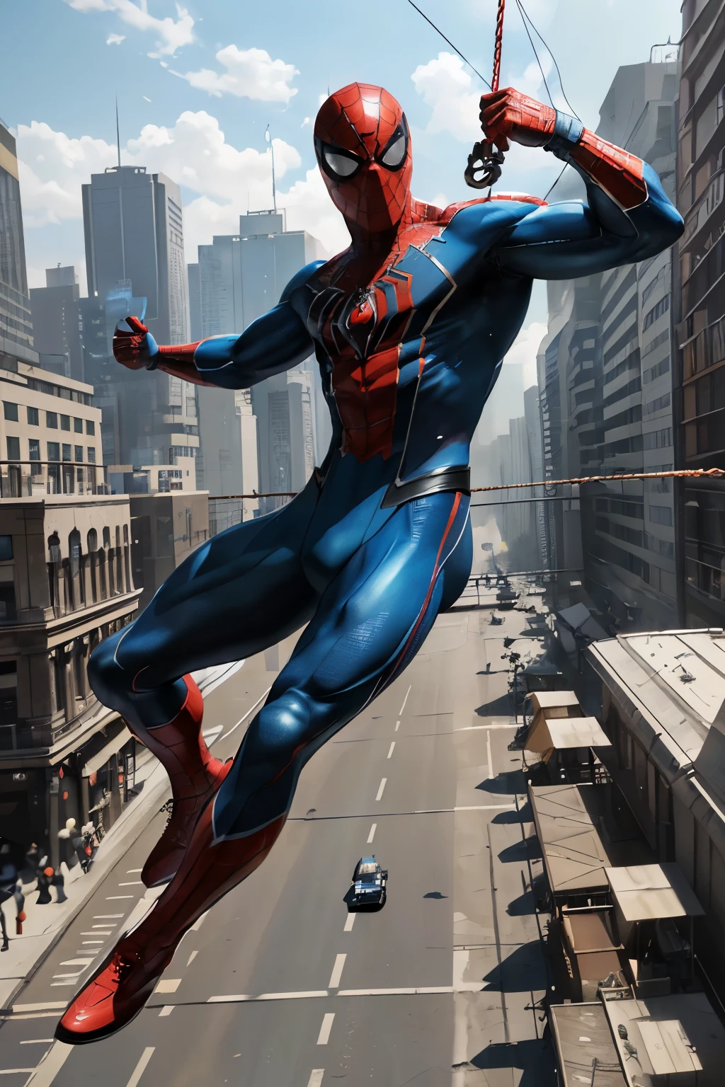 (Stunning depiction), (Action-packed masterpiece), (Incredibly realistic), (Highly detailed), (Ultra-photorealistic: 1.6), Spiderman, Modern, (Muscular and athletic: 1.4), (Red and blue suit), 30 years old, (Web shooters attached), (High-tech goggles), Exposure of the abdomen, Mid-air pose, Suspension, Urban scenes, (Dynamic swinging motions: 1.5), Marvel universe, HDR, Ray tracing, NVIDIA RTX, Hyper-Resolution, Unreal 5, sub-surface Scattering, P