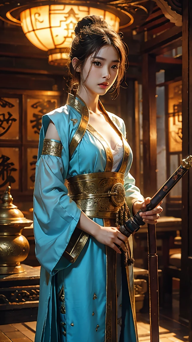 Best quality masterpiece, ultra-high resolution (photorealistic: 1.4),
Liuyifei, adorned with an intricate and mystical weapon,
Detailed face, eyes that sparkle with an otherworldly glow,
1 girl, solo, weapon sheathed by her side,
Cleavage subtly revealed, a hint of enchantment in the air,
Magic circle (1.2), a glowing aura surrounding her,
Xiu Xian, a female cultivator in ancient east Asian architecture,
Her outfit is a blend of modern and traditional, a sheath adorning the weapon,
Architecture beautifully rendered in the