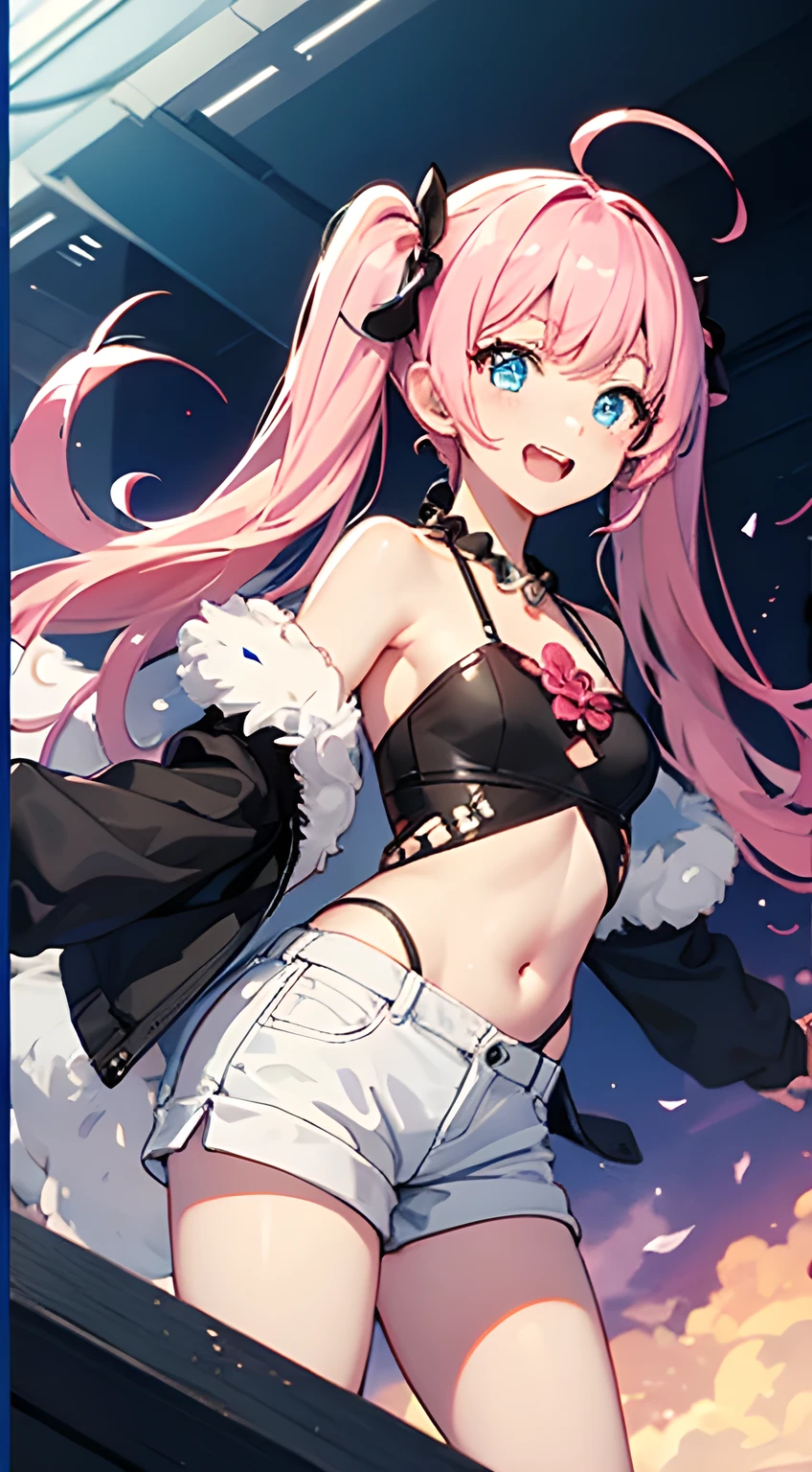 masterpiece, highest quality, High resolution picture,Anime Style、Characters from TenSura、picture、whole body Platinum pink hair(Twin tails:20:1)(Ahoge:1:10)、blue eyes、About 10 years old、The upper body is a tank top with white and pink borders.、The bottom half is shorts、smile、The double tooth shines、Red on the neck、white、Blue magatama necklace、(Pink and white striped socks:7:1)