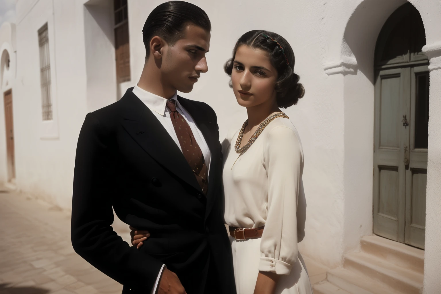 Tetouan, 1937. portrait of A young ((((25-year-old)) Sira Quiroga)), beautiful, skinny, hugging english boyfriend Marcus Logan, ((((sad farewell)))), ((((clothings from the 1930s)))), ((hairstyle of the 1930s)), ((colorful))