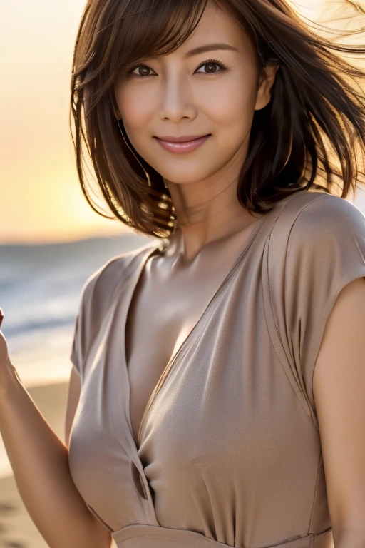 masterpiece, highest quality, High resolution, Photorealistic, Raw photo, 8k wallpaper, perfection, Professional Lighting, Soft Light, Outdoor, Enhance contrast, Very detailed, Shallow depth of field, Sandy Beach, Sunset、Strong sea breeze、The wind is blowing, ((One beautiful woman、Japanese Mature), (45 talents)), Sexy women, Detailed face, Beautiful Eyes, Shapely breasts, Boob Emphasis、I can see her cleavage, Light brown straight hair, (My hair is messed up by the wind:1.5), (Brush your hair with one hand:1.5), (Stand in front、Gaze at the viewer、smile), Clothes with a wide open chest、Blue knitted dress、Cowboy Shot。