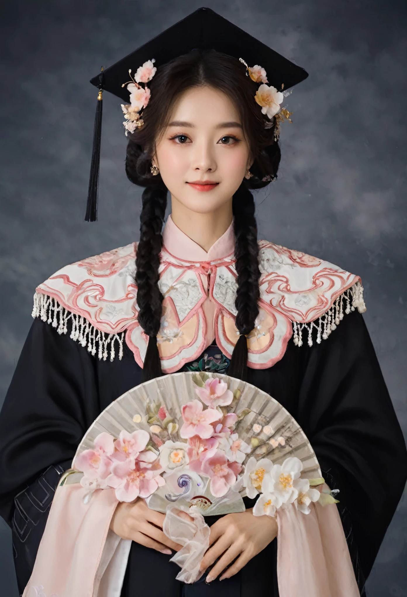 A woman in graduation gown、Close-up of woman holding fan, palace , a girl in Hanfu, , Hanfu, Wearing Chinese clothes, 穿着Chinese Clothing, Chinese Clothing, Traditional Beauty, white Hanfu, Chinese Princess, Traditional clothing, Traditional clothing