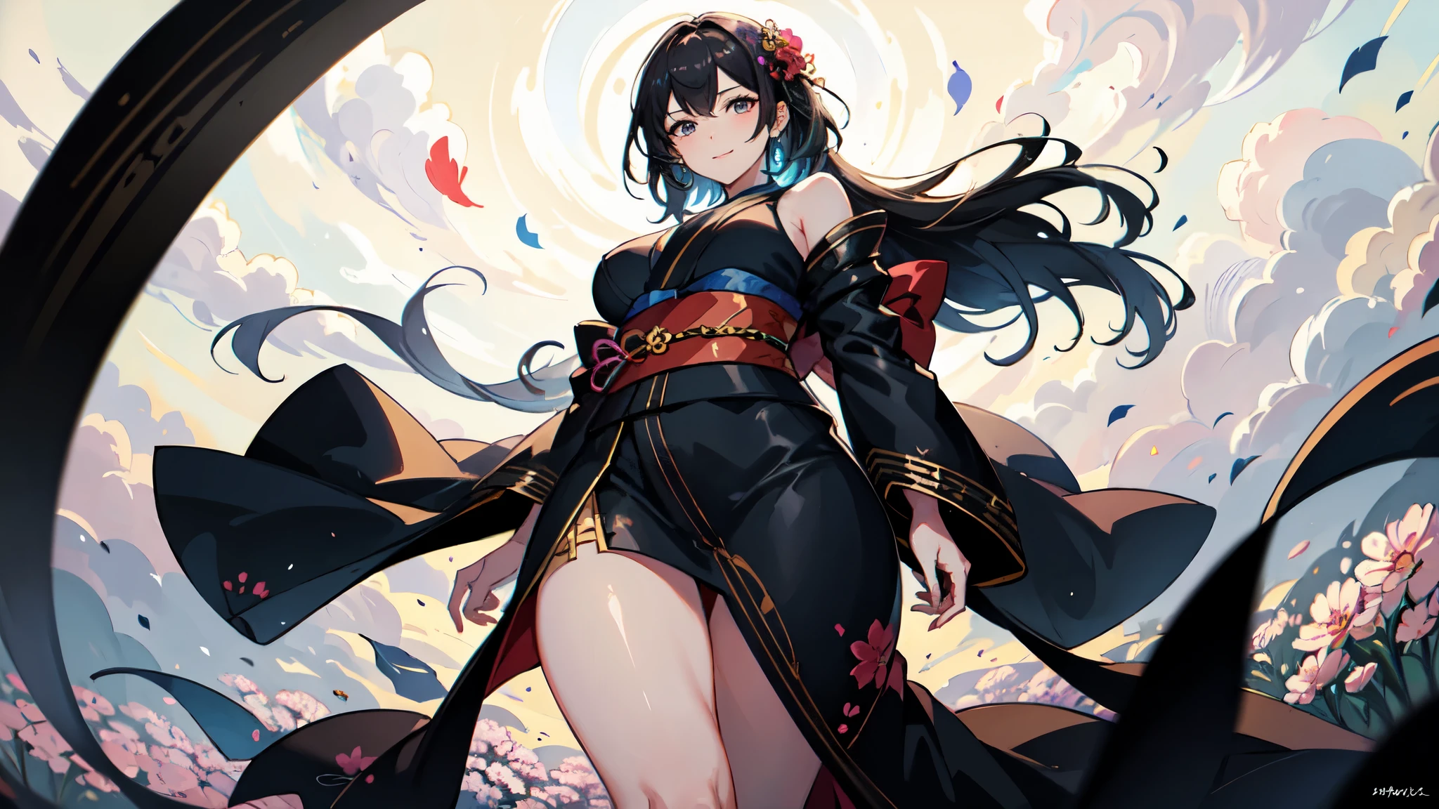 The background is a vivid and beautiful landscape of flowers and winds、A lively beautiful girl with short black hair wearing a miniskirt and a black modern kimono、A kind smile、Tempting Hands、Healthy thighs、Large Breasts、Peeking into this、Angle from below、Neat and clean appearance、Ladylike atmosphere、Curvaceous、Anime Art Wallpaper 8K, Highly detailed digital art in 4K, Vibrant colors
