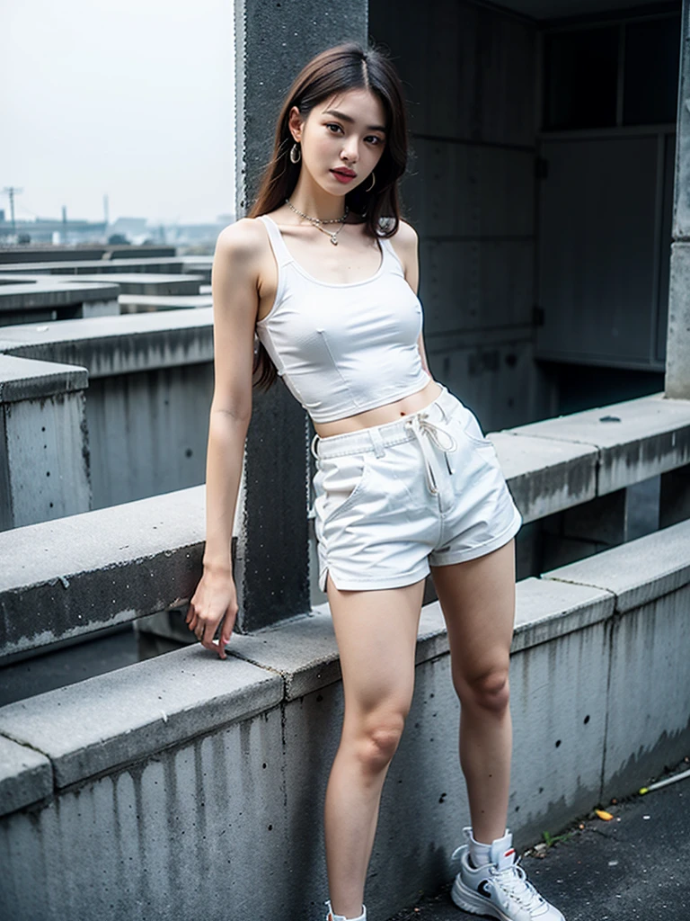 (masterpiece, Best Quality, hyper Detailed, hyper Realistic:1.4),
BREAK
beautiful Pretty and cute Girl, ig Japanese model, glamorous body, render of april, (all body shot, standing:1.2), BREAK
(Detailed wear, all body wear:1.2),
(high-tech futuristic fashion:1.4), (suspenders fusion tank top:1.3), (white high-tech hot pants, shorts:1.4), (thick-soled high-top sneakers with futuristic design:1.4), (silver hoop earrings:1.2), (multiple silver chain necklaces:1.3), (chunky silver bracelet stack:1.3), (silver metallic nail polish:1.2), (futuristic latex sun visor:1.4), arranged gray hair,
BREAK
(Detailed medium breasts, Detailed bodyline, Detailed legs and calves), (ultra slim waist, firm medium breasts, medium buttocks, beautiful sexy legs:1.2), White and beautiful Silky skin, thin and short neck, small head,
BREAK small head, Detailed face, cute and Pretty slim face, Duck mouth, perfect beautiful Tooth, blue eyes, half open eyes, shiny eyes, gray hair, looking other,
(in a concrete, fog, mist, steem)