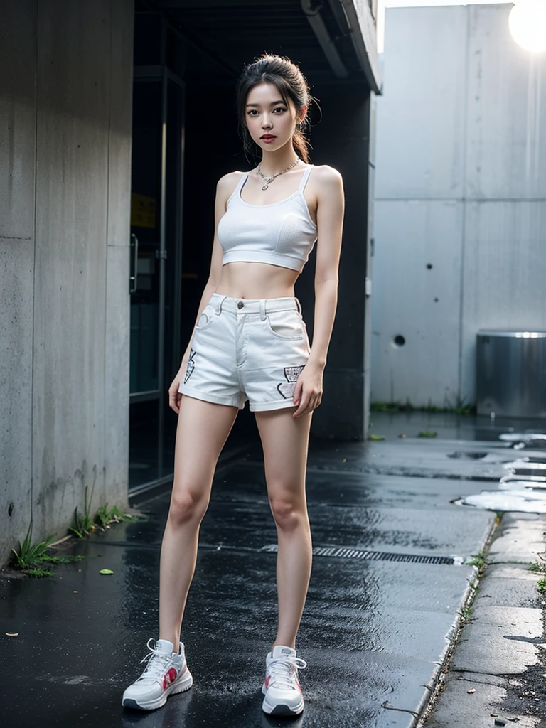 (masterpiece, Best Quality, hyper Detailed, hyper Realistic:1.4),
BREAK
beautiful Pretty and cute Girl, ig Japanese model, glamorous body, render of april, (all body shot, standing:1.2), BREAK
(Detailed wear, all body wear:1.2),
(high-tech futuristic fashion:1.4), (suspenders fusion tank top:1.3), (white high-tech hot pants, shorts:1.4), (thick-soled high-top sneakers with futuristic design:1.4), (silver hoop earrings:1.2), (multiple silver chain necklaces:1.3), (chunky silver bracelet stack:1.3), (silver metallic nail polish:1.2), (futuristic latex sun visor:1.4), arranged gray hair,
BREAK
(Detailed medium breasts, Detailed bodyline, Detailed legs and calves), (ultra slim waist, firm medium breasts, medium buttocks, beautiful sexy legs:1.2), White and beautiful Silky skin, thin and short neck, small head,
BREAK small head, Detailed face, cute and Pretty slim face, Duck mouth, perfect beautiful Tooth, blue eyes, half open eyes, shiny eyes, gray hair, looking other,
(in a concrete, fog, mist, steem)