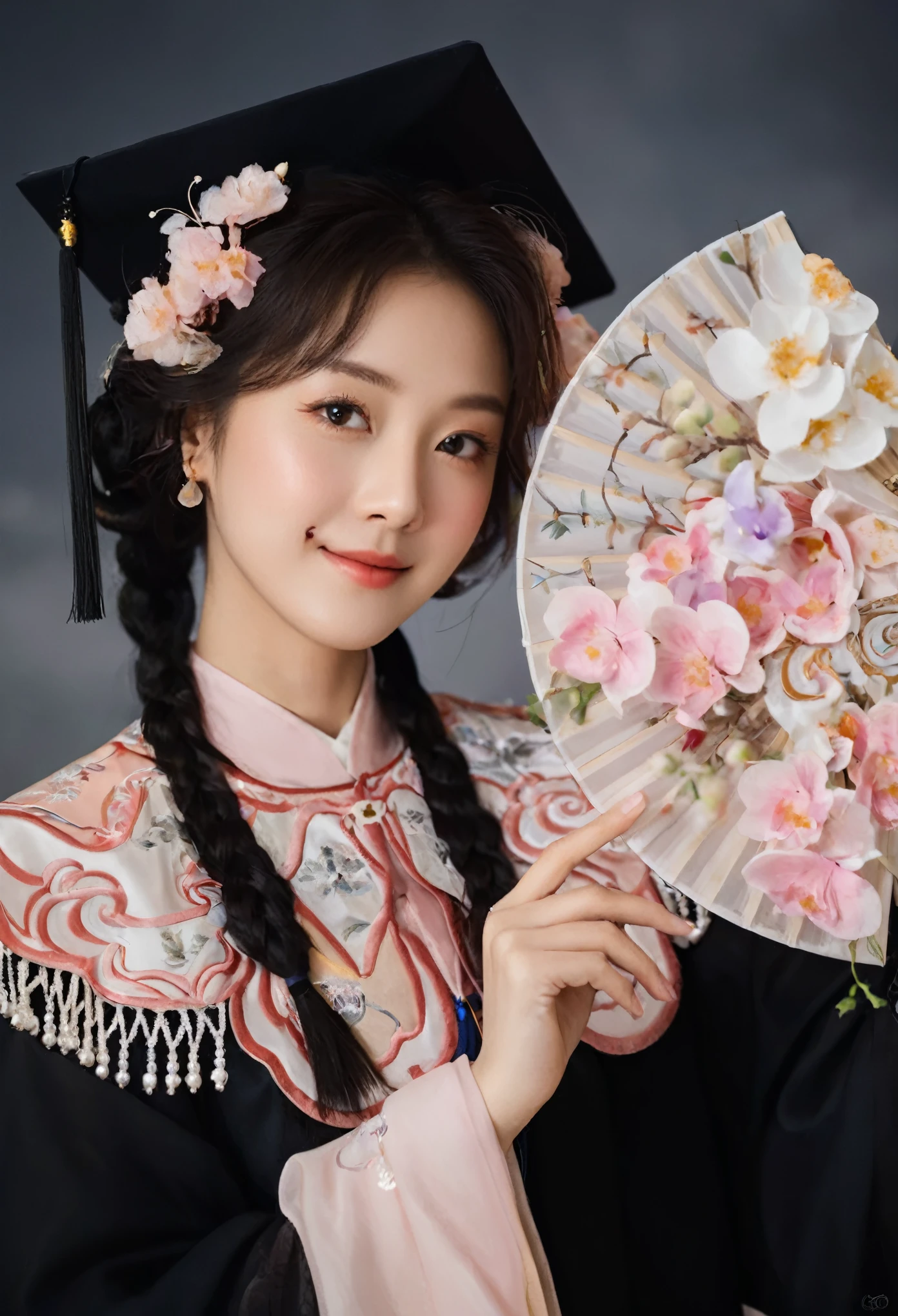 A woman in graduation gown、Close-up of woman holding fan, palace ， a girl in Hanfu, , Hanfu, Wearing Chinese clothes, 穿着Chinese Clothing, Chinese Clothing, Traditional Beauty, white Hanfu, Chinese Princess, Traditional clothing, Traditional clothing