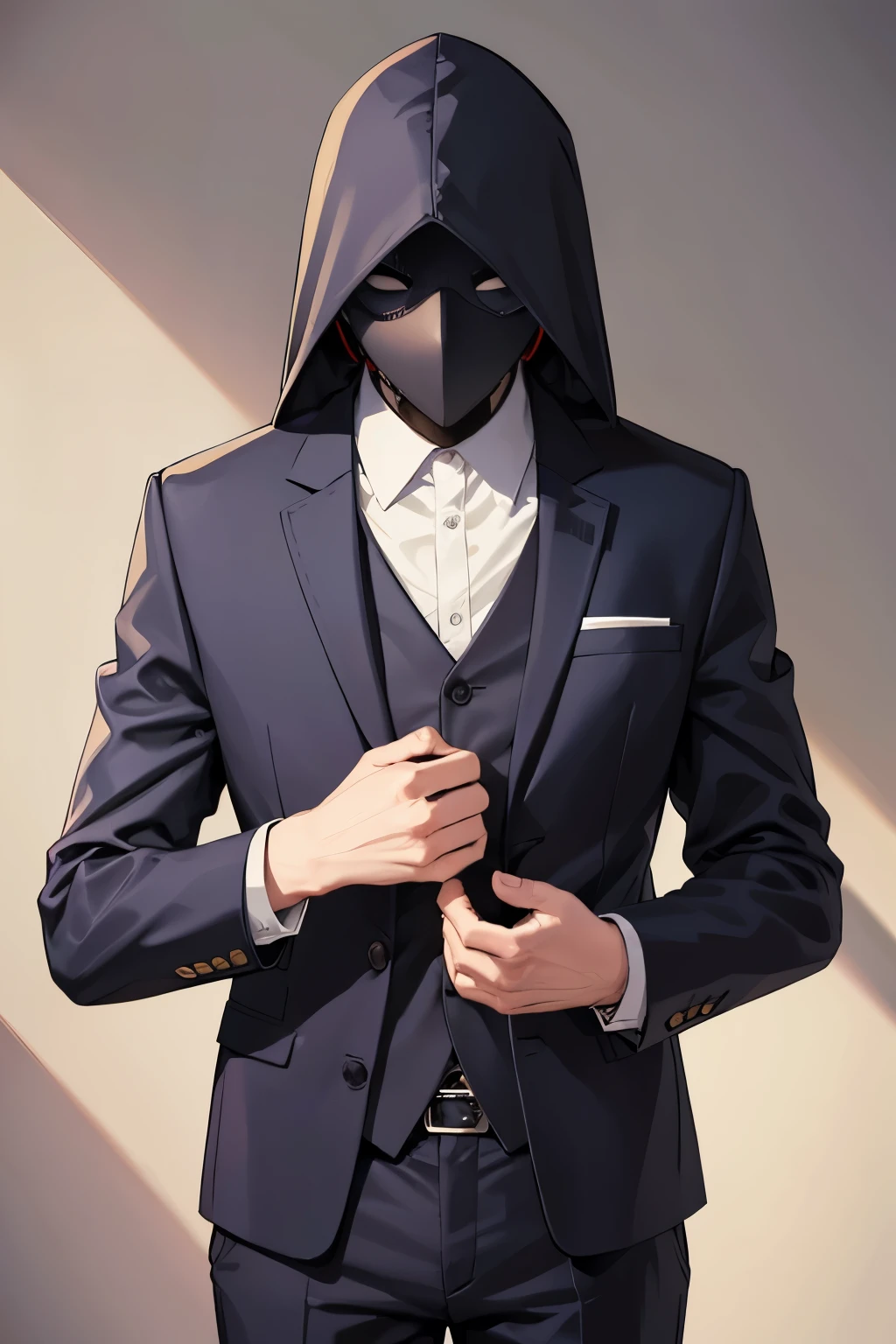 Creepy man covering his face、suit