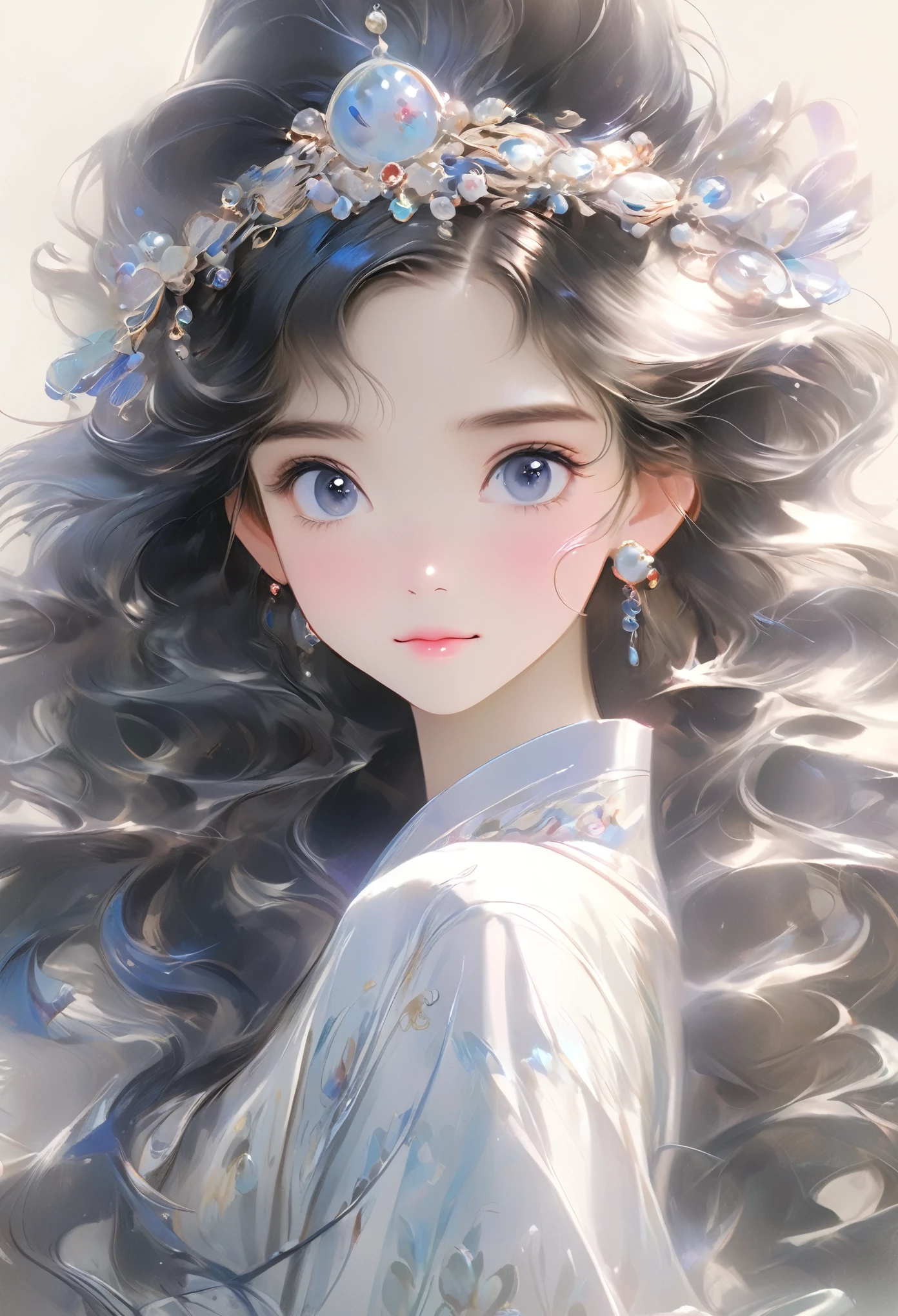 Chinese Girl, Sweet and charming girl, big eyes, illustration, long hair, braid, Fluffy hair, front, Film Angle, Reflective hair, 水汪汪的big eyes, Looking at you, Facial details, facial focus, masterpiece, best quality, extremely delicate and beautiful, Dynamic Angle, Intricate details, Beautiful and delicate eyes, Delicate face, Delicate facial features, Gentle lips, real, charming, focus, clear lines, 8k high resolution, nice, Smile, Wearing a white dress, Stylish and beautiful, Depth of Field