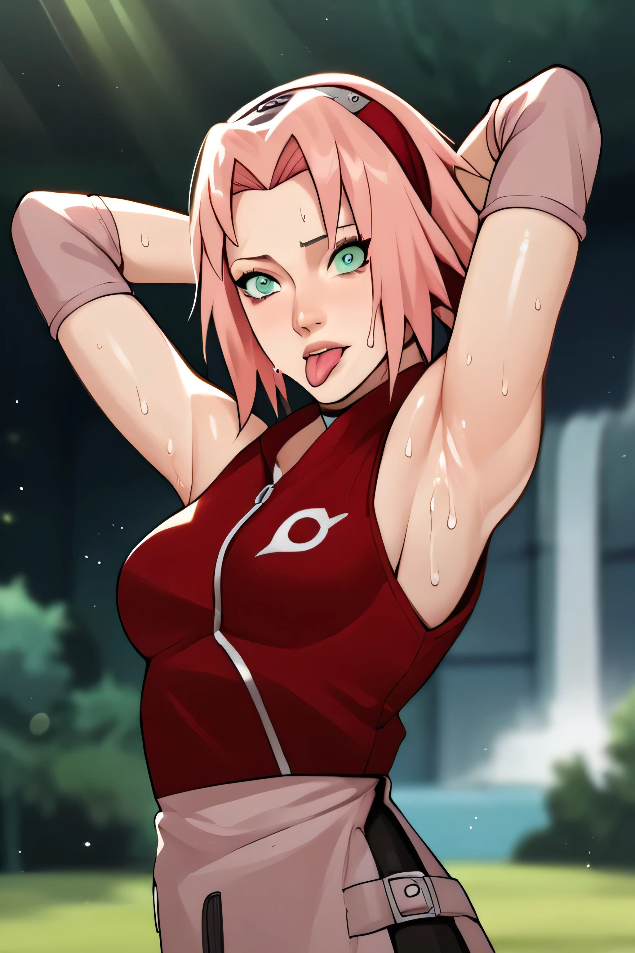 score_9,score_8_up,score_7_up,score_6_up,score_5_up,score_4_up BREAK skinny,choker,medium breasts,detached sleeves,outdoors,forest,shiny skin,bokeh,bloom,indoors,light particles,castle,space,1girl,haruno sakura,pink hair,short,hair,green eyes,forehead protector,,sleeveless,arms behind head,armpit,armpits,sweaty,sweat,arms behind head,exhausted,sleeveless,cross eyed,sweaty armpits,eyes crossed,cross eyed,eyeroll,tongue out,protruded tongue,showing tongue,tongue