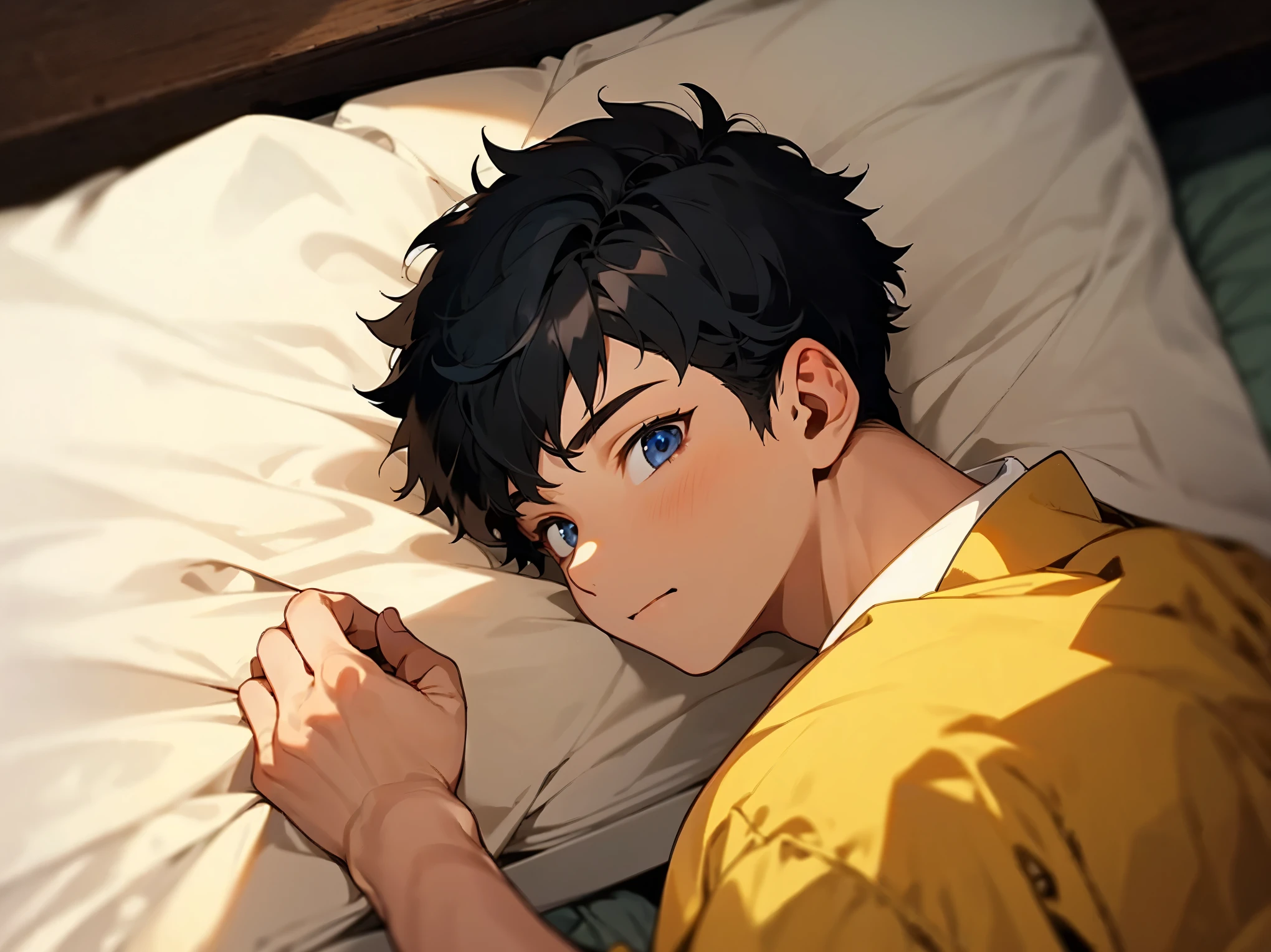 1 boy,shirt,black hair,Lie face up on the bed,18 years old,upper body,(from above:1.5),full hand,(detailed eyes),detailed skin,(masterpiece,best quality:1.4),Top Quality,High quality