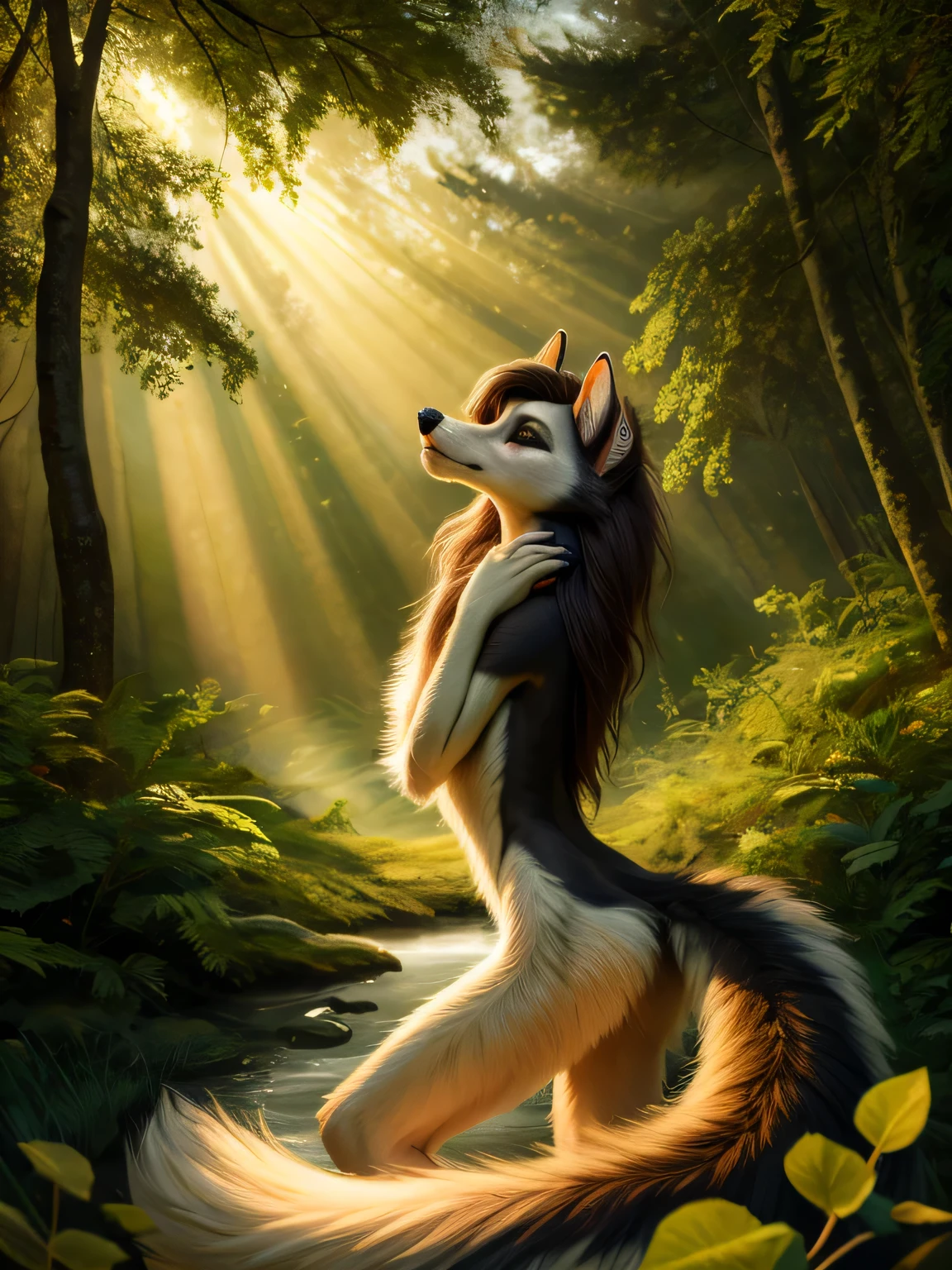 anthropomorphic character,tail elegantly wrapped around body,sense of grace and poise,eyecatching tail,expressive eyes,beautiful detailed face,long eyelashes ,soft and flowing fur,graceful pose,delicate paws,lustrous fur,radiant light,enchanted forest background,vibrant colors,lush greenery,playful sunlight filtering through trees,subtle and mysterious atmosphere,(best quality,highres,photo-realistic:1.37),(HDR,ultra-detailed:1.1),captivating artistry,ethereal and magical,artistic masterpiece,(make the tail longer),(tail should cover part of body)