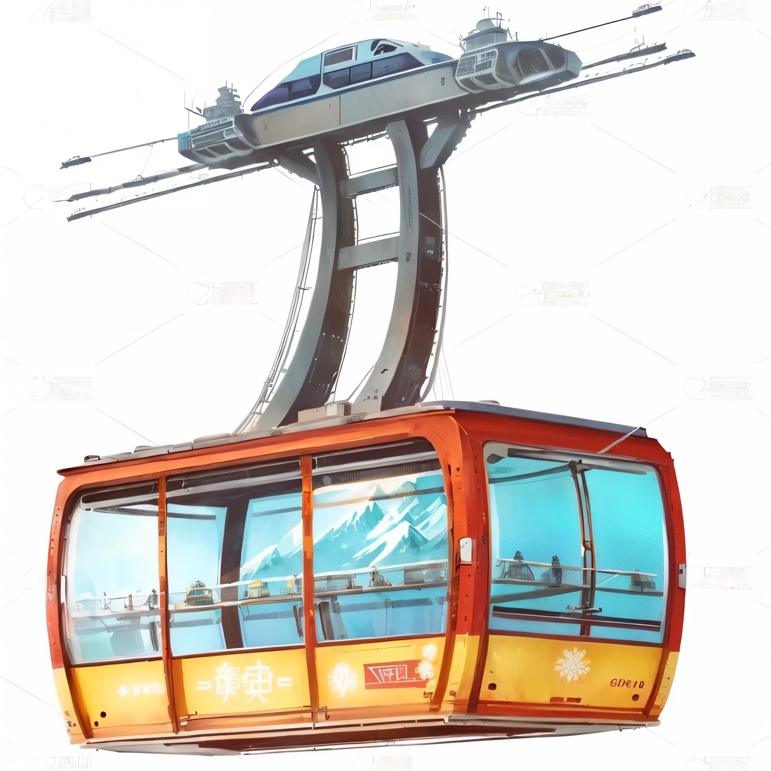 Cable Car的特写,Sky view with mountain can be seen, gondola, Cable Car, Monorail, Retro futuristic old rct screen, 7 7 7 7, 4 0 9 6, Stylized digital illustration, fantasy. gondola boat, : Psychedelic Ski Resort, Psychedelic Ski Resort, Traffic design renderings, Business Illustration, Detailed digital illustrations, train