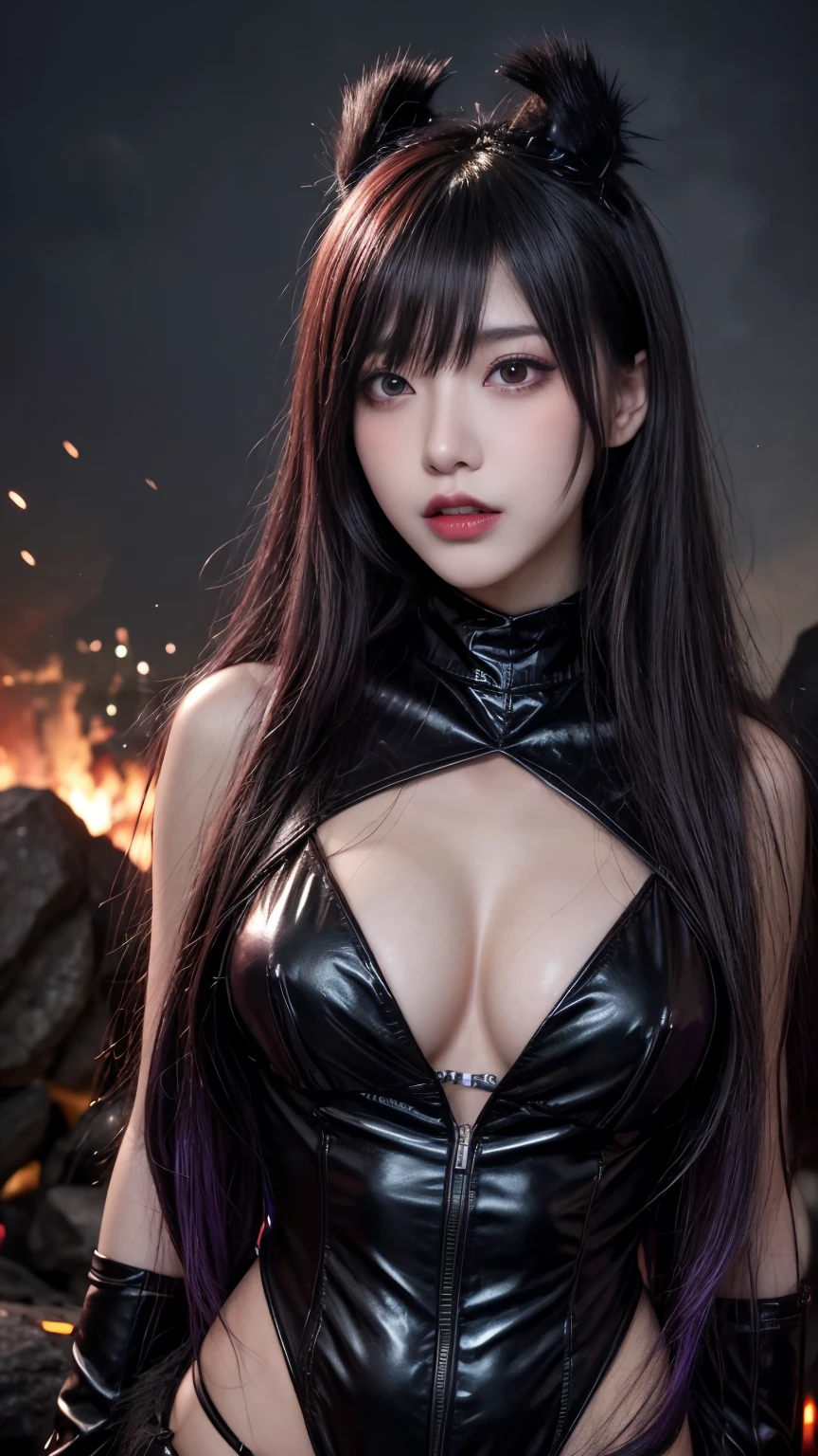 background(Black Night Sky,Big Moon),Close-up of a woman,Wearing a white shirt、Purple Hair,Very long hair,very thick braids,Purple eyes,big , realistic girl rendering, 8k artistic german bokeh, Enchanting girl, Realistic girl, Gurwitz, Gurwitz-style artwork, Girl Roleplay, Realistic 3D style, cgstation Popular Topics,, 8K Portrait Rendering,(truth,truth:1.4),Wear pink pajamas,巨big ,Sparkling eyes,Purple eyes、(highest quality,4K,8k,High resolution,masterpiece:1.2),Very detailed,(Realistic,photoRealistic,photo-Realistic:1.37),Mythical monster,Beast-like creature,Muscular,Six big legs,Stand like a gorilla,Red fur covering the body,two big horns,Drill teeth,Sharp Claws,Huge shape,Burning Fire Magic,Energy aura,A threatening presence,Glowing Eyes,Intimidating posture,Dark Environment,Smoke-filled air,Ominous Shadow,Majestic and fierce,Explosive power,Vibrant colors,bold,Horror art style,moving composition,Dramatic lighting,rib layer,large sharp teeth,Sharp Edges,Very detailedスケール,Burning Crack,Burning Flames,Furious expression,Burning with anger,Surrounded by sparks and embers