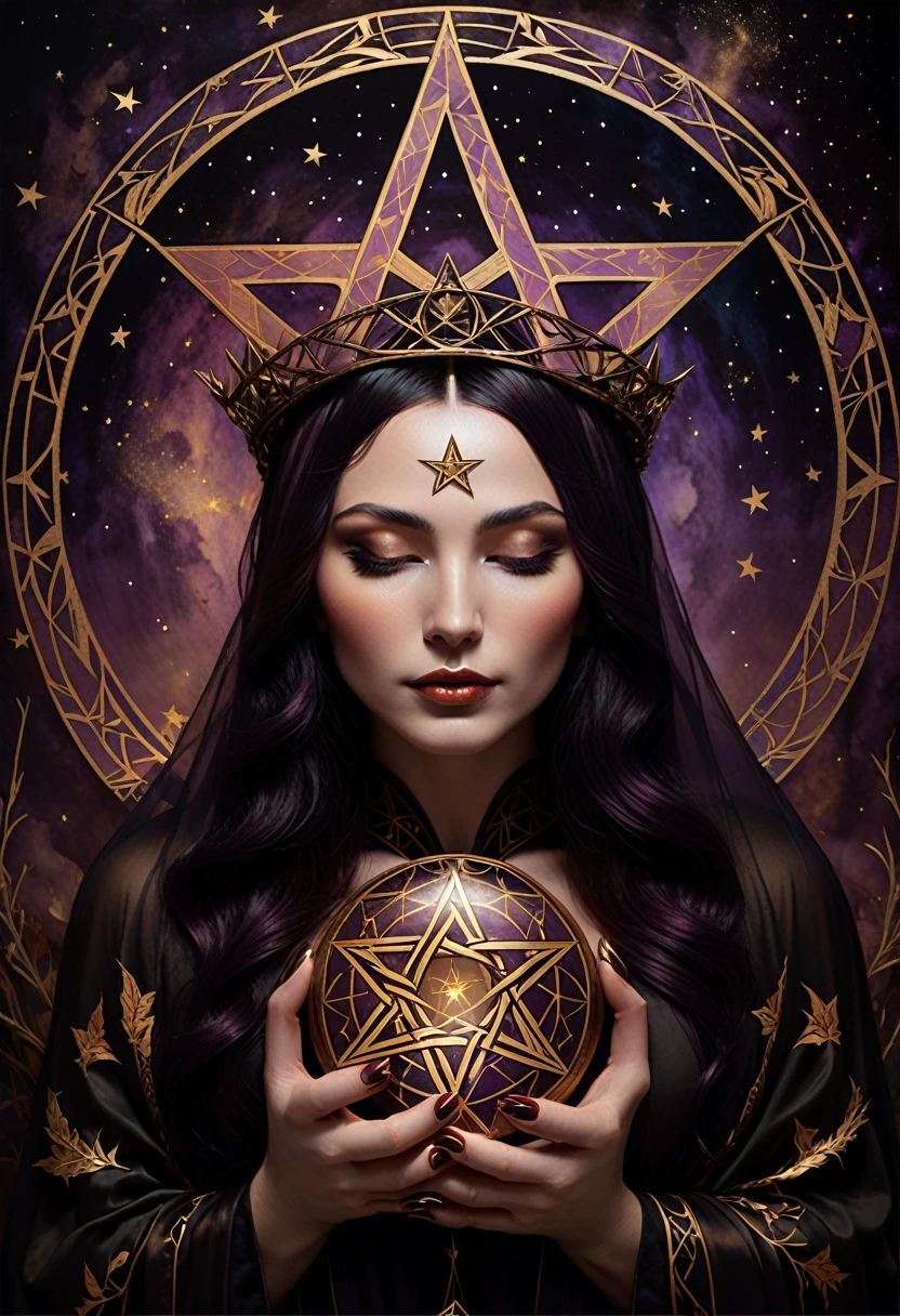 tarot card, chiaroscuro technique on sensual illustration of an queen of pentacle, vintage queen, earthy eerie, matte painting, by Hannah Dale, by Harumi Hironaka, extremely soft colors, hint of gold vibrant, highly detailed, digital artwork, high contrast, dramatic, refined, tonal, highest quality,anatomy correct,ultra-wide-angle,depth of fields. Holding the pentacles