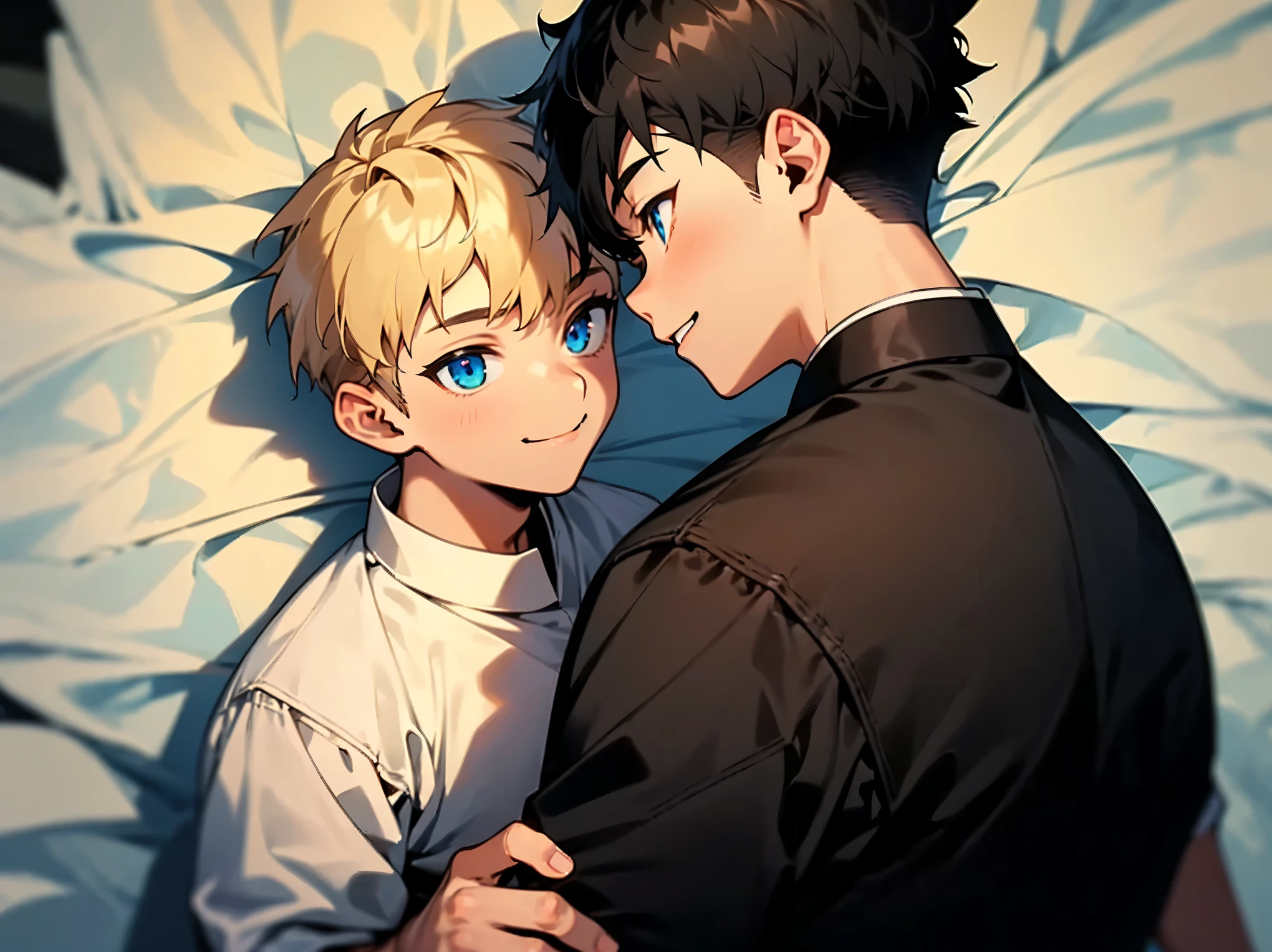 (2 boy),smile,shirt,Blonde and black hair,Lie face up on the bed,18 years old,upper body,(from above:1.5),(detailed eyes),detailed skin,(masterpiece,best quality:1.4),Top Quality,High quality,