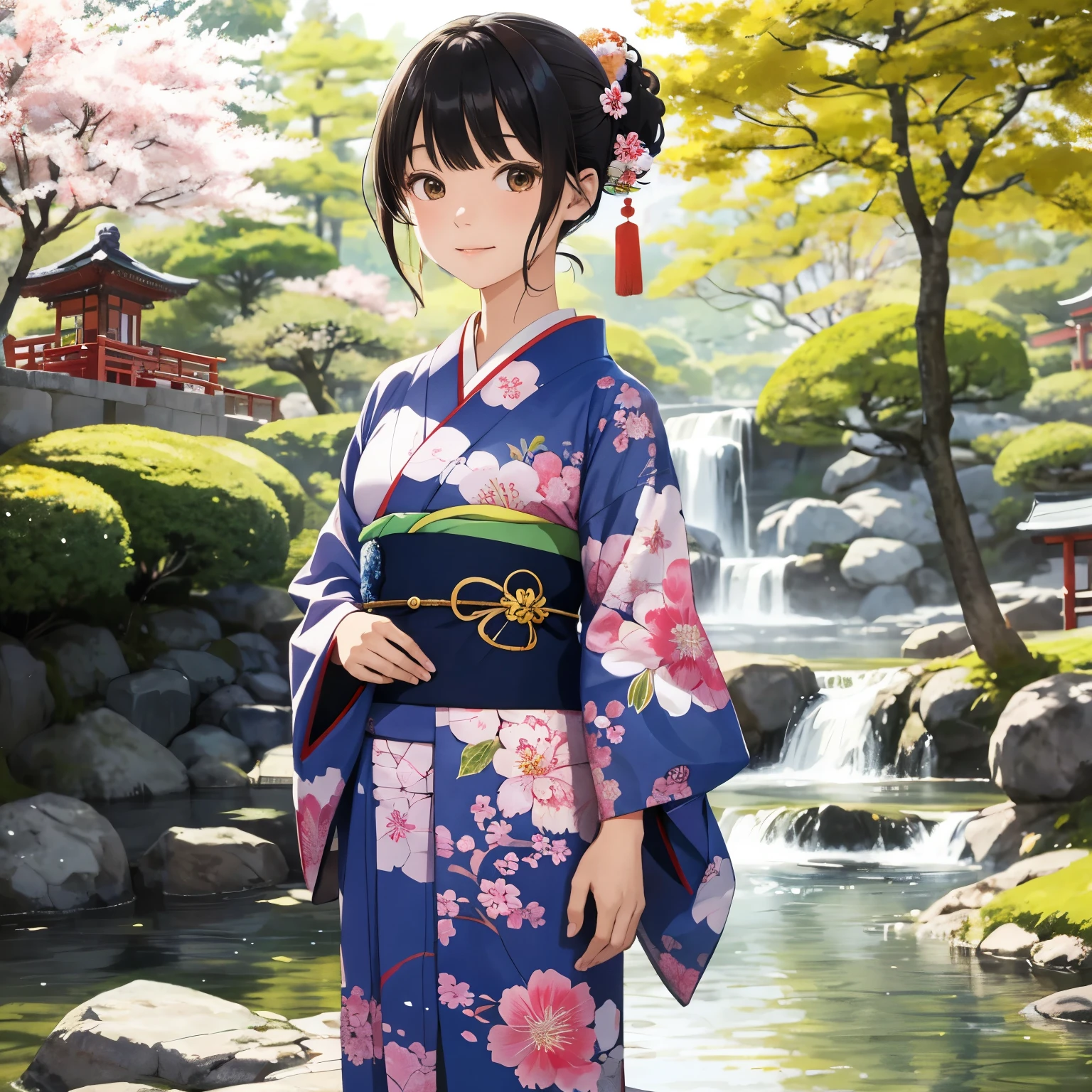 2d Anime, Best Quality Masterpiece,
A -yeld Jaese girl is elegantly portrayed in a vibrant, tranquil setting, reminiscent of Haruka Kurosawa's artistic style. She gracefully wears a colorful kimono adorned with delicately rendered cherry blossom patterns, mirroring the blooming trees surrounding her. Her hair is drawn in a simple yet elegant style, cascading in soft waves over her shoulders. The background showcases a picturesque traditional Japanese park, filled with colors that exude a sense of peace and the beauty of youth. Detailed Facial Features, Highly Detailed Kimono Patterns