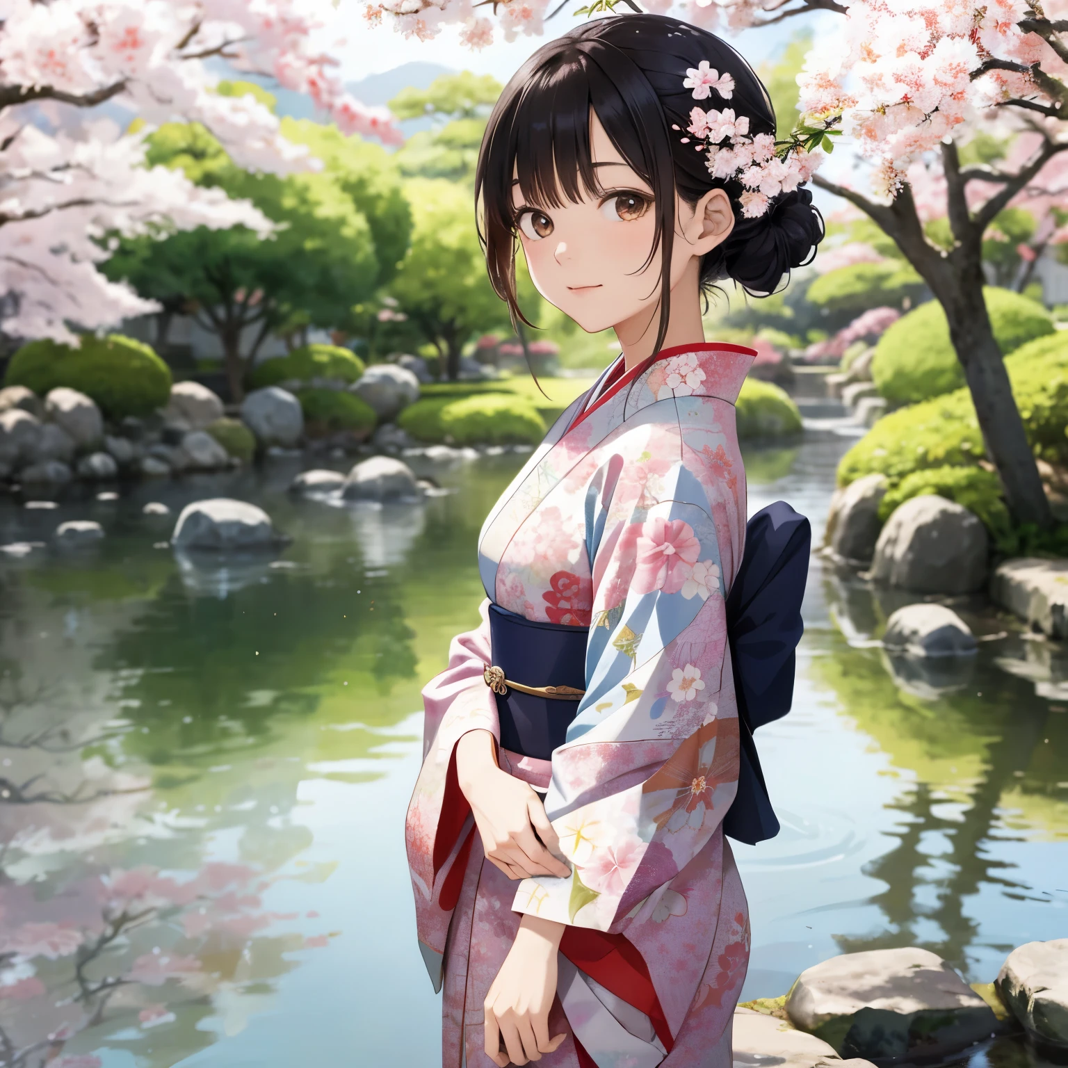 2d Anime, Best Quality Masterpiece,
A 16-year-old Japanese girl is elegantly portrayed in a vibrant, tranquil setting, reminiscent of Haruka Kurosawa's artistic style. She gracefully wears a colorful kimono adorned with delicately rendered cherry blossom patterns, mirroring the blooming trees surrounding her. Her hair is drawn in a simple yet elegant style, cascading in soft waves over her shoulders. The background showcases a picturesque traditional Japanese park, filled with colors that exude a sense of peace and the beauty of youth. Detailed Facial Features, Highly Detailed Kimono Patterns