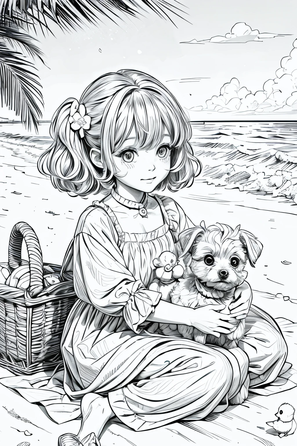 a coloring book page with no color of a toy poodle and toy yorkies at the beach with  ducks
