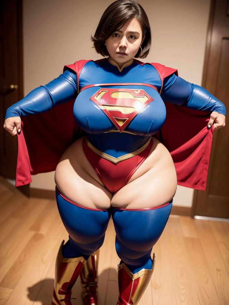 masterpiece、A short-haired supergirl who puts her hands on her hips and puffs out her chest.、big and full breasts、look at the camera、shiny costume、red mini skirt、long sleeve、Enamel Long Boots、combat readiness, ((thick thighs:1.3)
