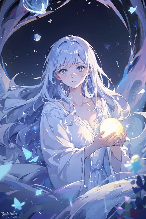 Aria, la Gardienne de la Tour Cosmique, is an imposing figure with a pearly complexion, surrounded by an ethereal aura of swirling energy balls. His blue eyes burst with ancient wisdom, tandis que des étincelles d'éclairs cosmiques dansent dans leur iris. Her jet black hair seems woven with stars, irradiant une lueur mystique, as shimmering balls of energy intertwine with their glow. Elle porte une robe changeante aux motifs tourbillonnants rappelant les tempêtes célestes, et son aura majestueuse mêle l'éclat des étoiles à la force des tempêtes galactiques.