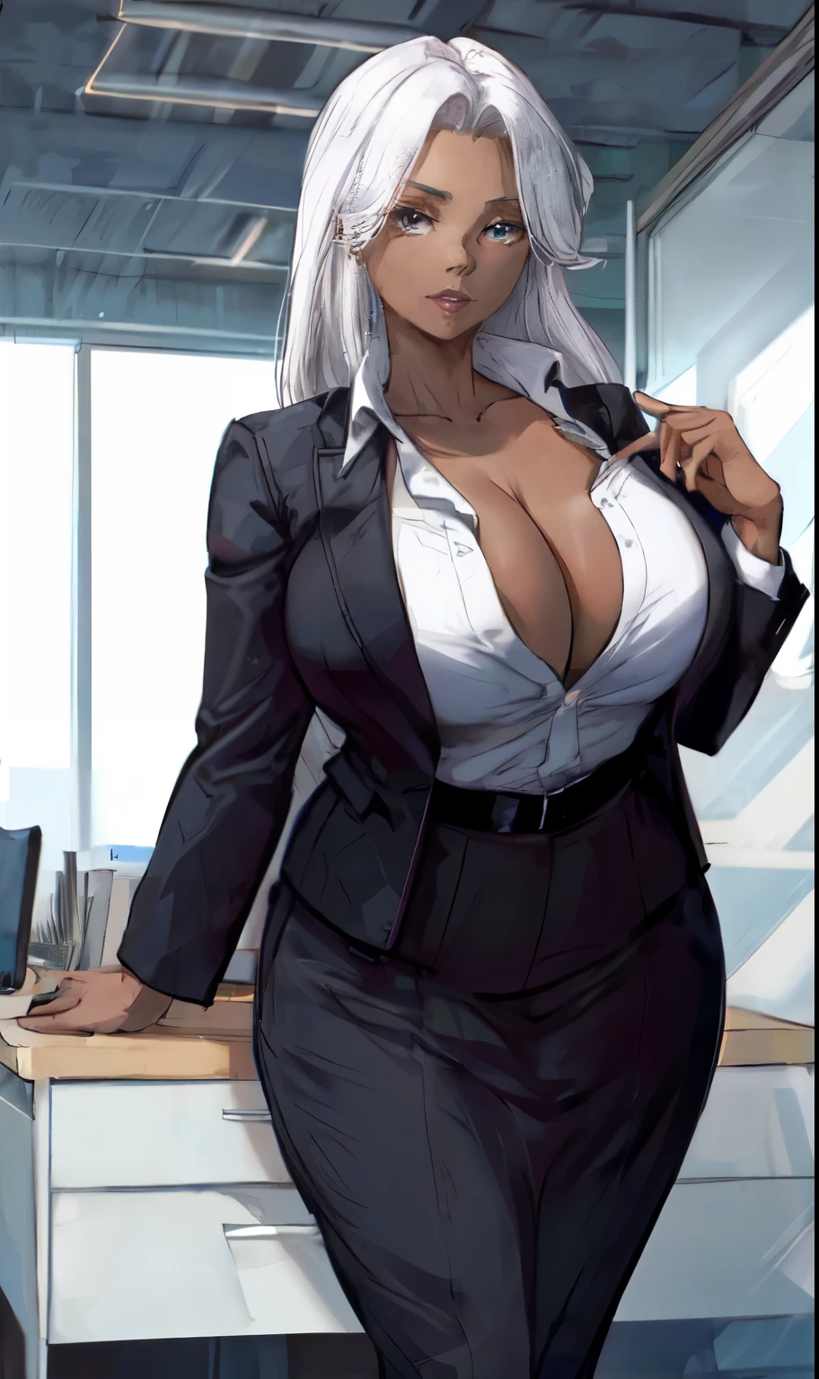 Voluptuous office woman, dark skin, white hair, wearing a modern business suit, standing in a chic office setting, confidence, sophistication, elegant, professional, beautiful, captivating, alluring, sensual.