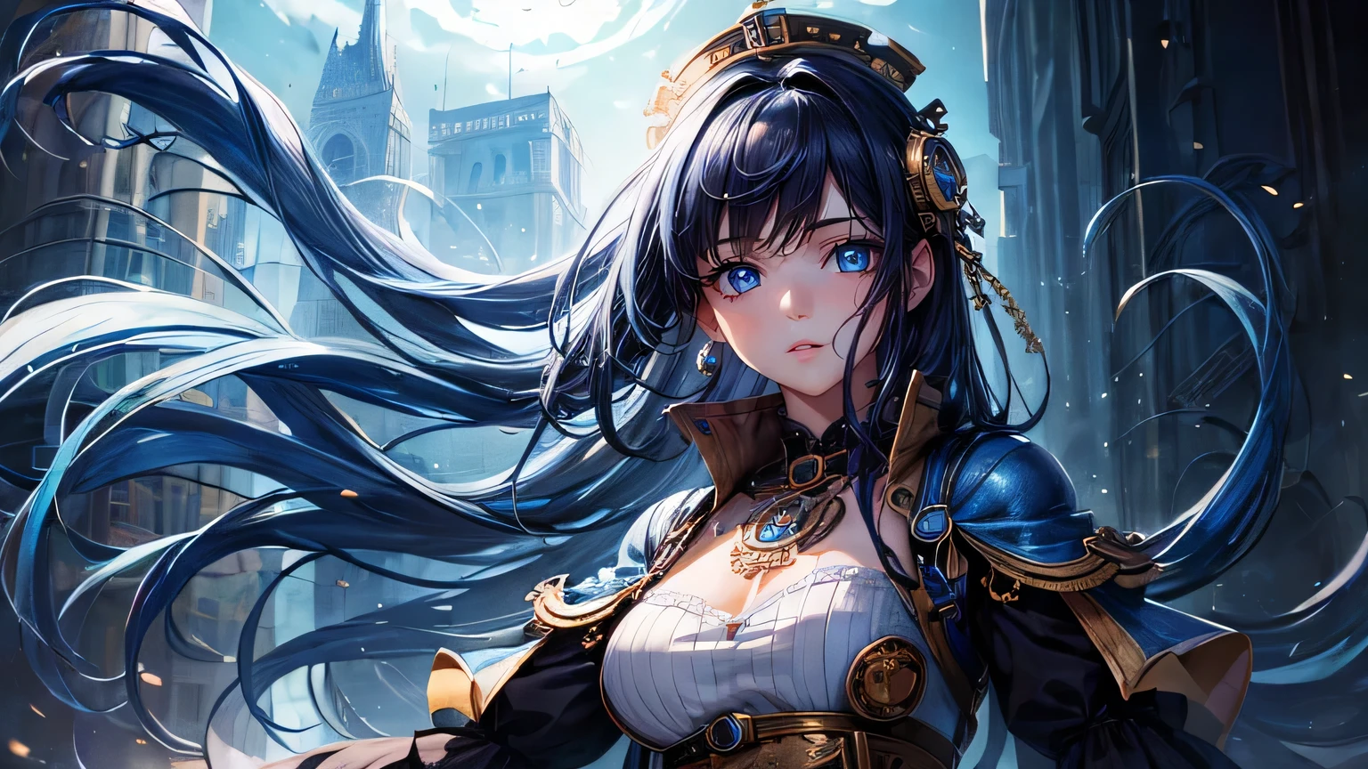 ((masterpiece, highest quality, Ultra Clear, High resolution)), alone, beautiful girl, Shining Eyes, Perfect Eyes, , Blue Theme, steampunk,