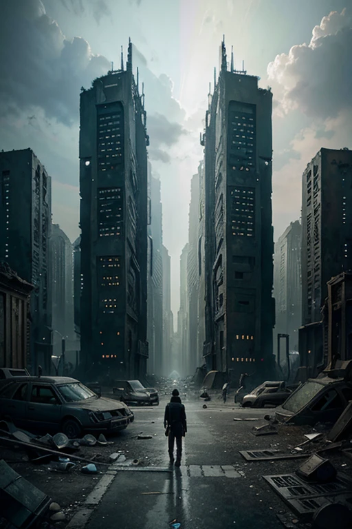highest quality、A ruined futuristic city、dim、grey、Surrealism