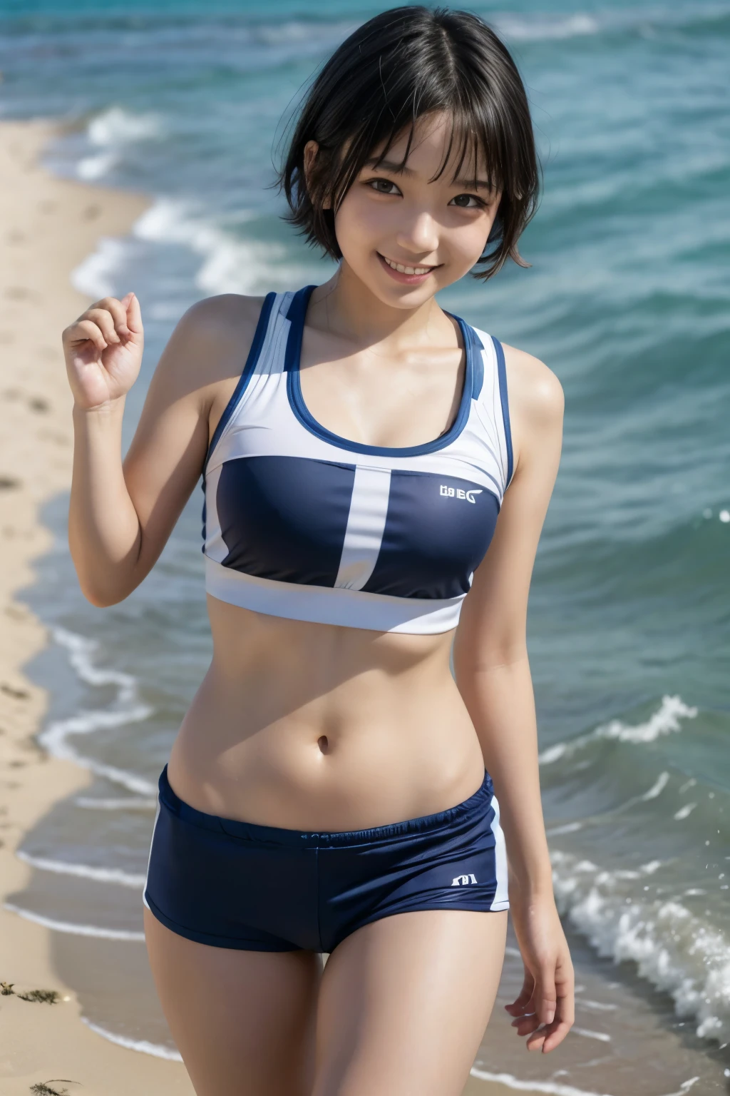 15 year old Japanese girl, short hair, Beach Volleyball, cute, smile, Thigh close-up